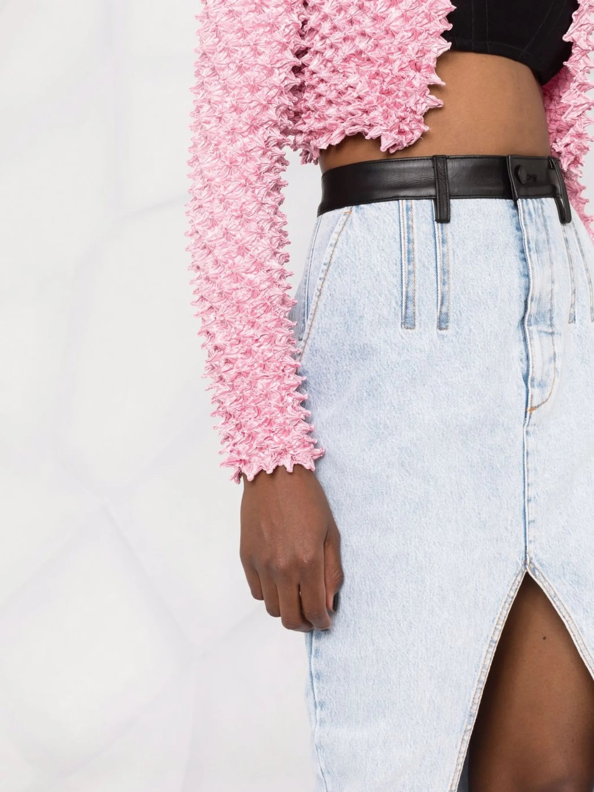 leather-trim high-split denim skirt