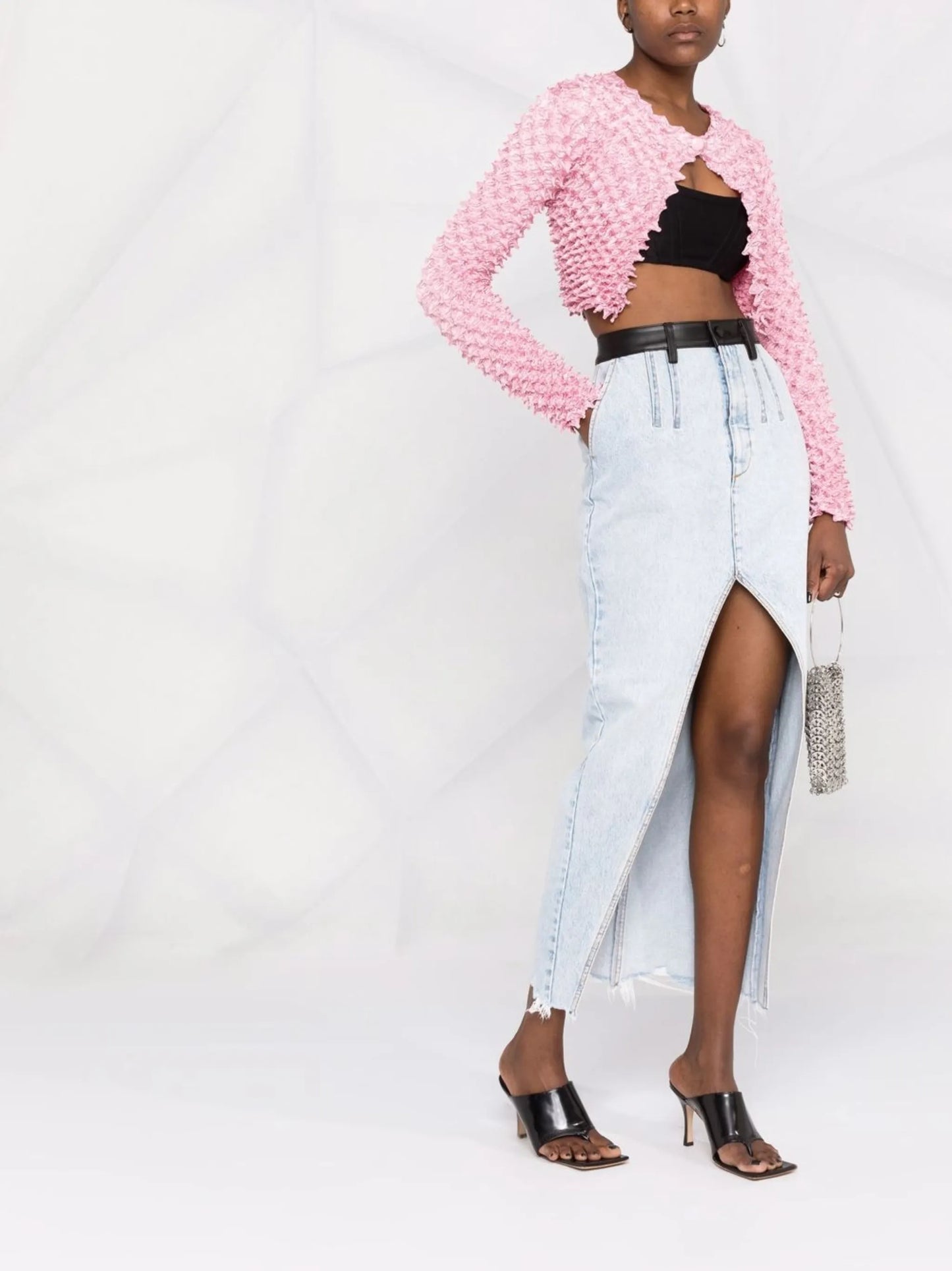 leather-trim high-split denim skirt