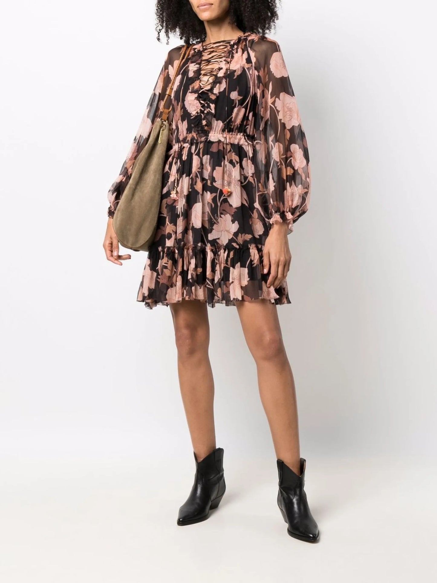 Concert lace-up floral-print dress