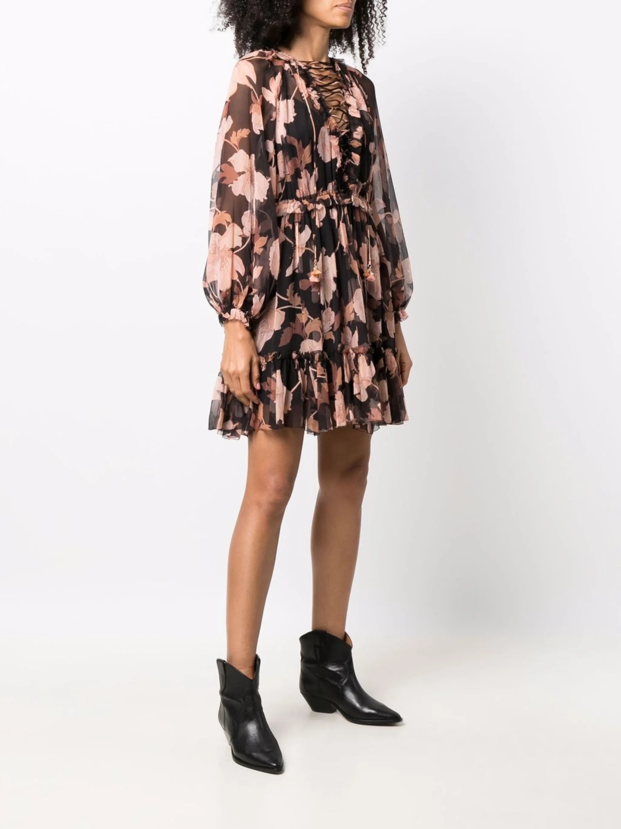 Concert lace-up floral-print dress