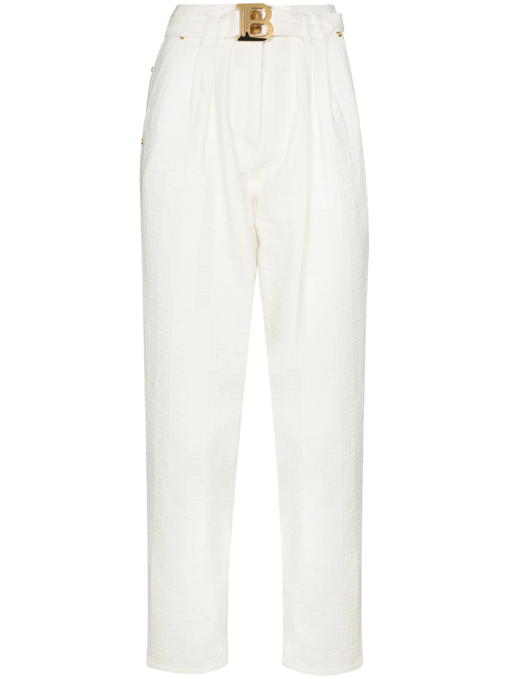 monogram-print logo-buckle high-waisted jeans