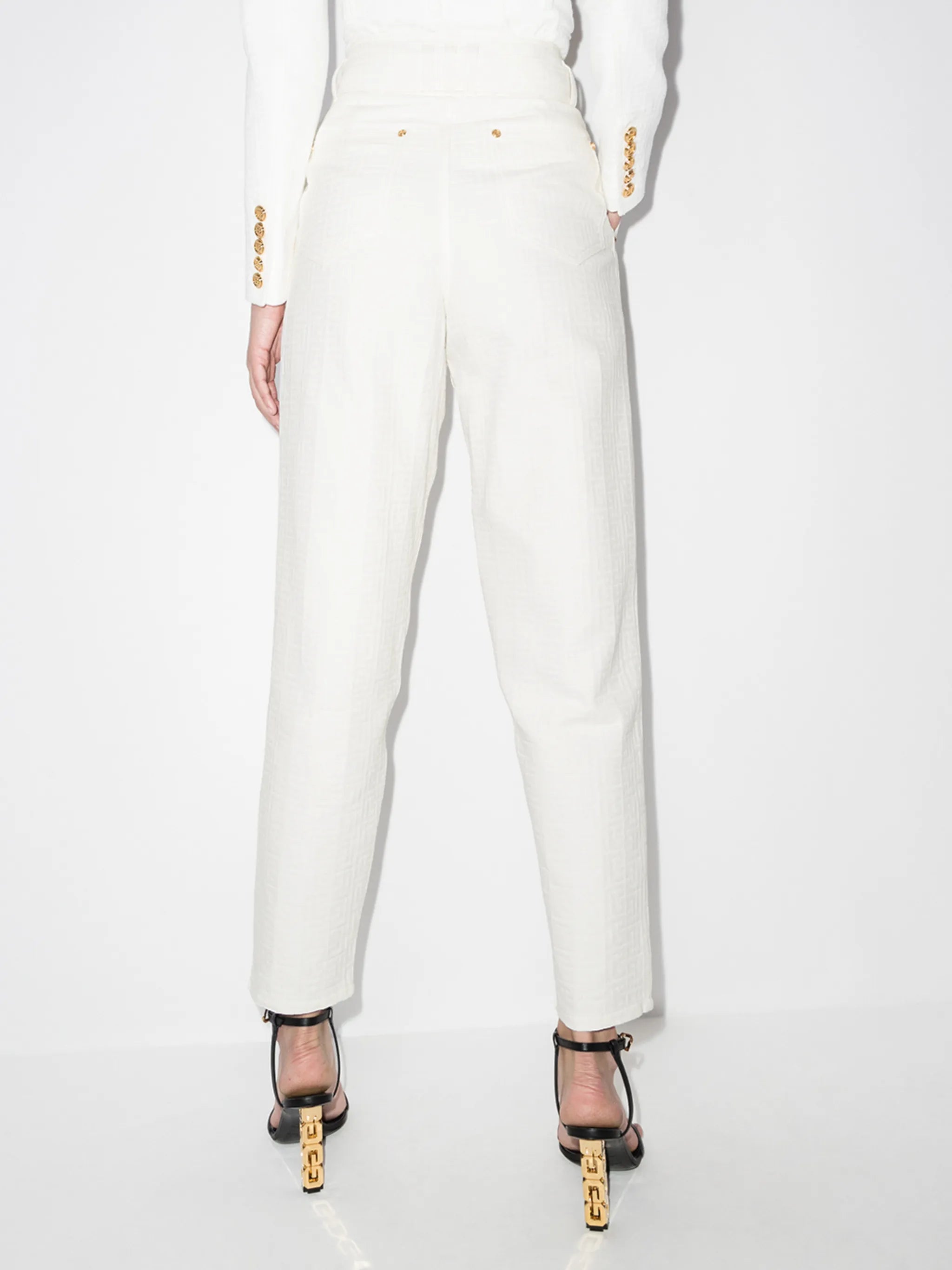 monogram-print logo-buckle high-waisted jeans