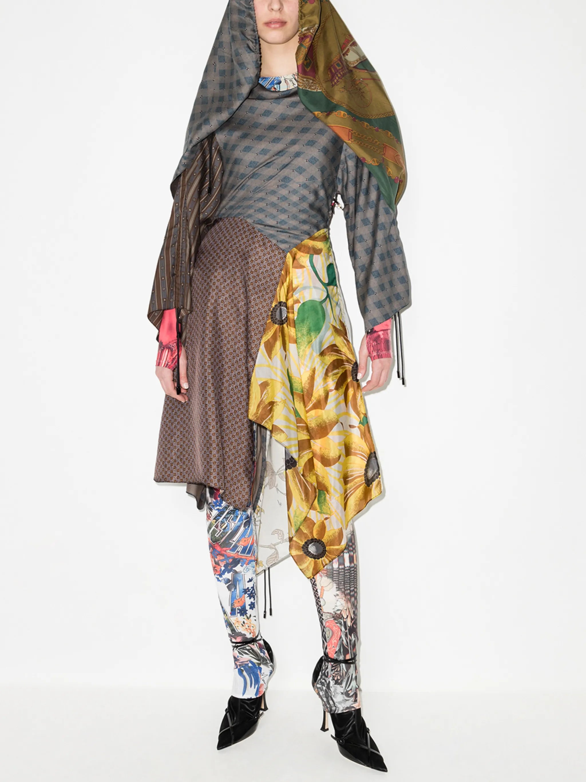 patchwork draped silk dress