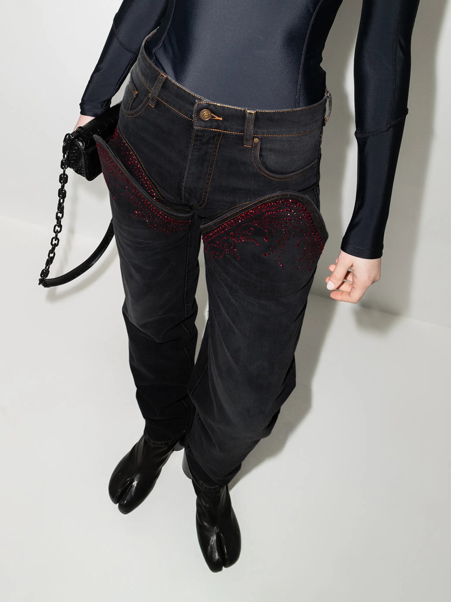 rhinestone-embellished cut-out jeans