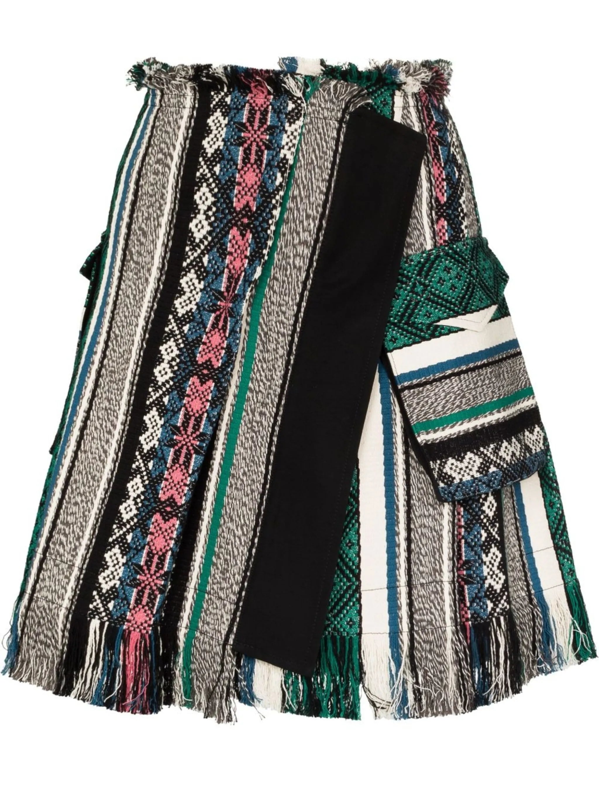 multi-print fringed wrap skirt