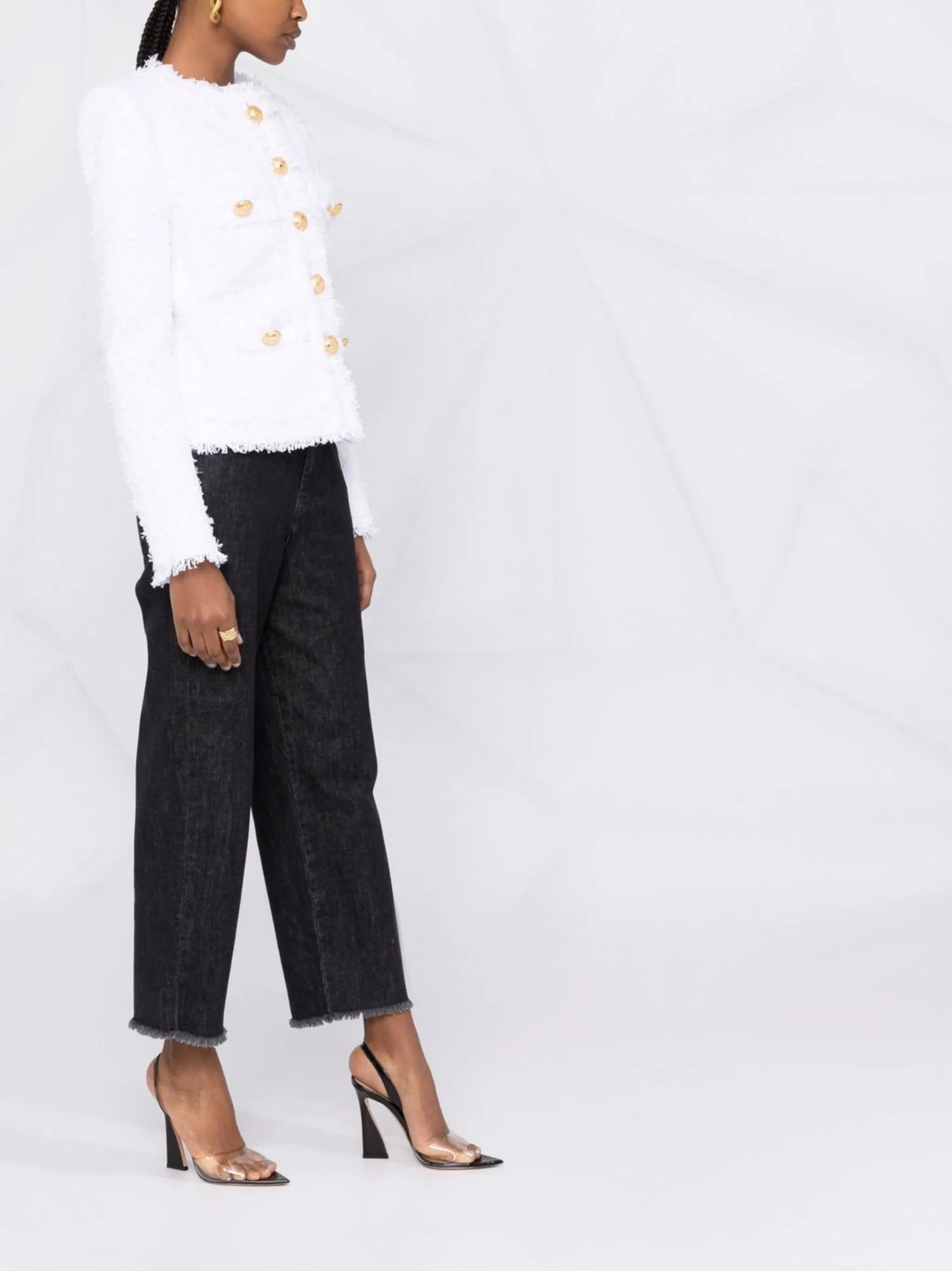 collarless four-pocket tweed jacket
