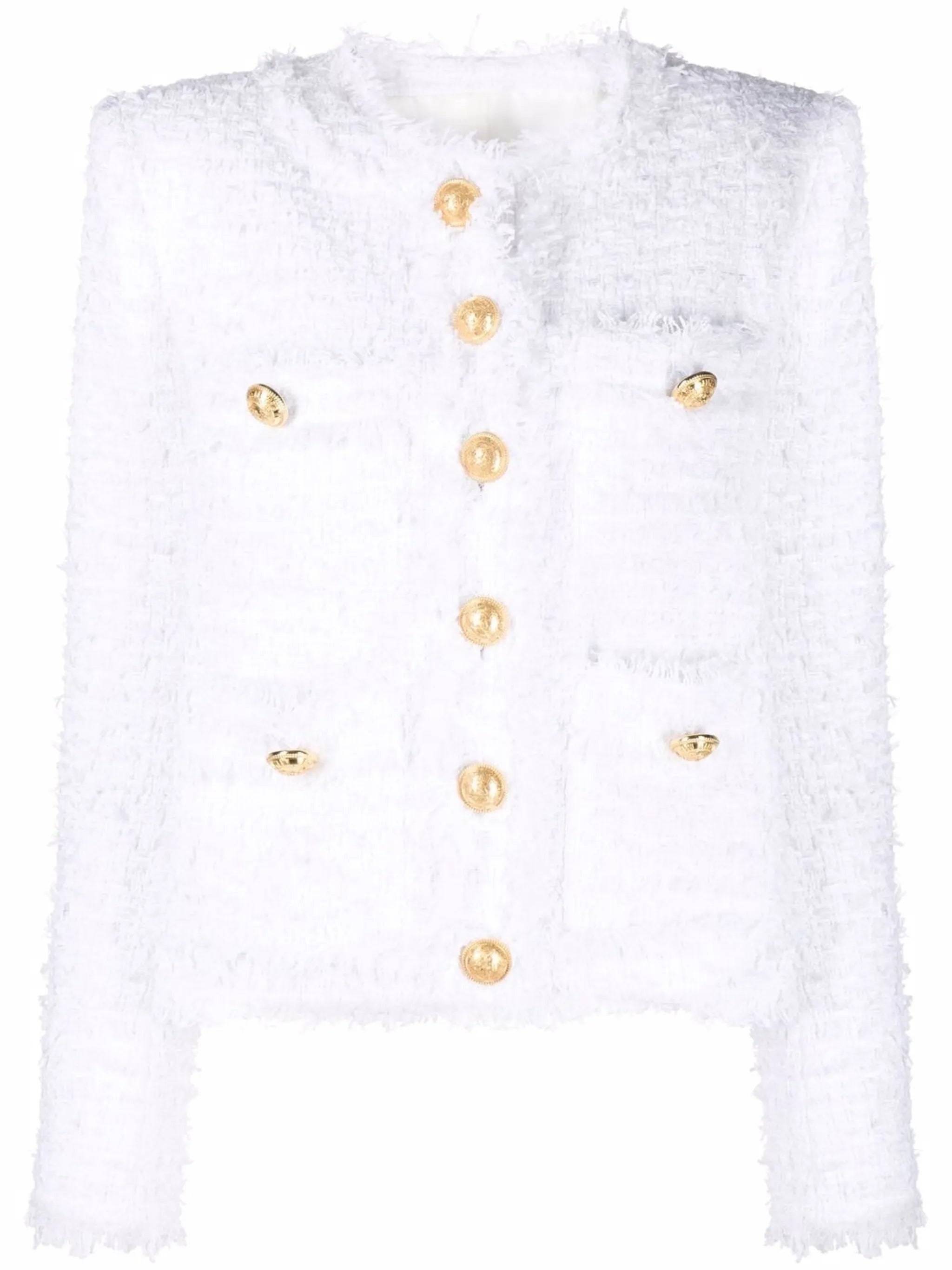 collarless four-pocket tweed jacket