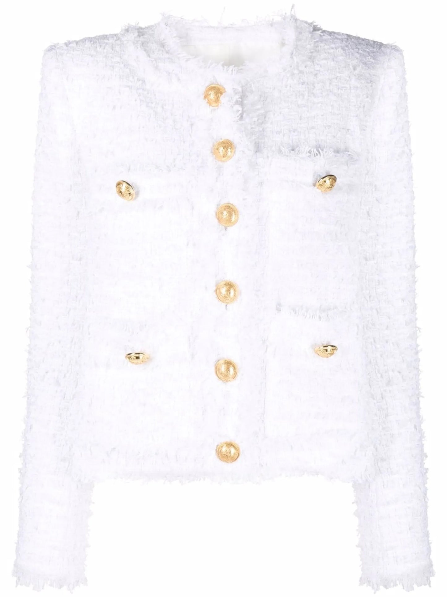 collarless four-pocket tweed jacket