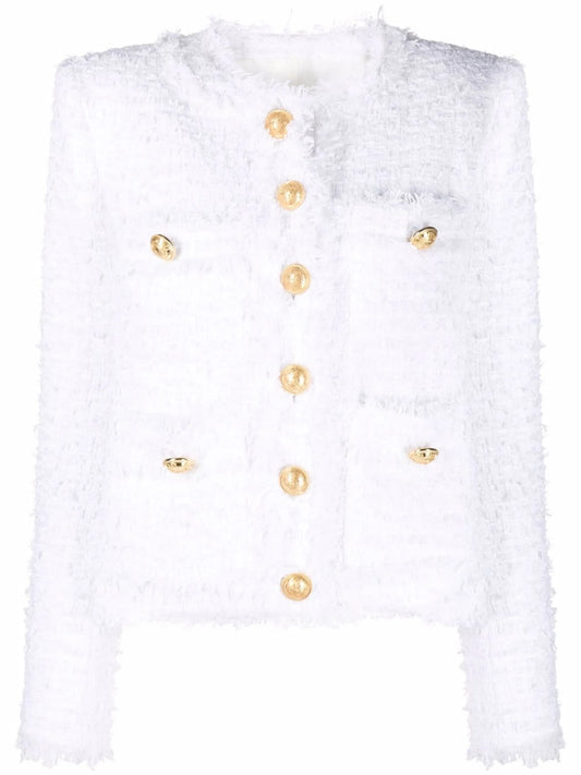 collarless four-pocket tweed jacket