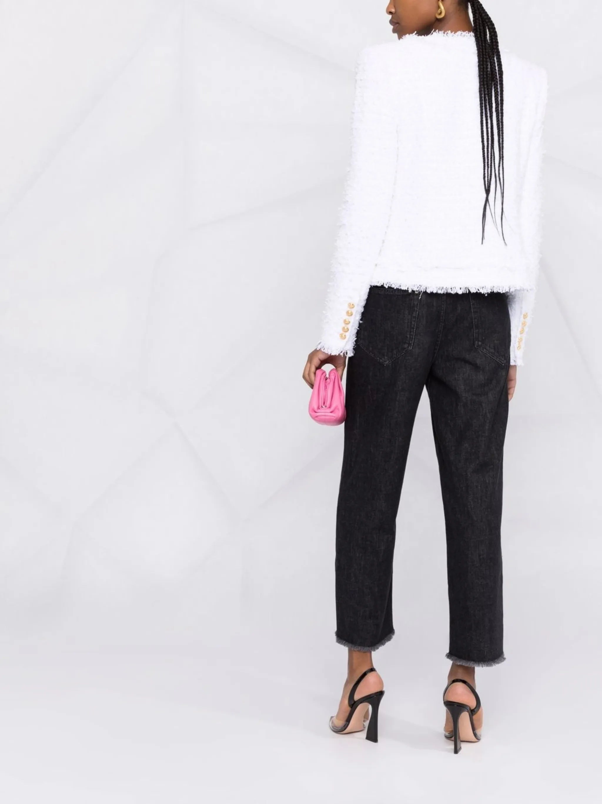 collarless four-pocket tweed jacket