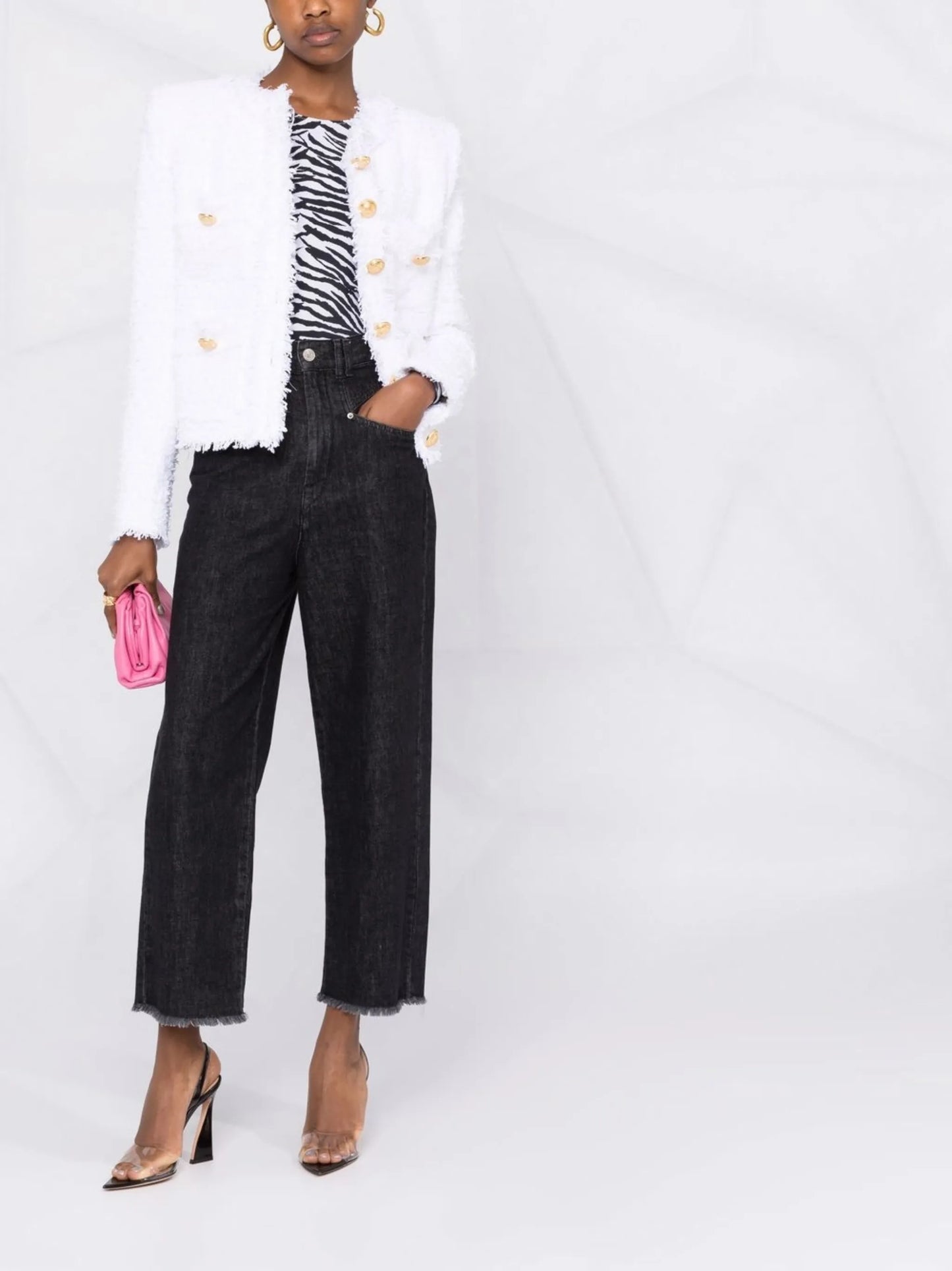 collarless four-pocket tweed jacket