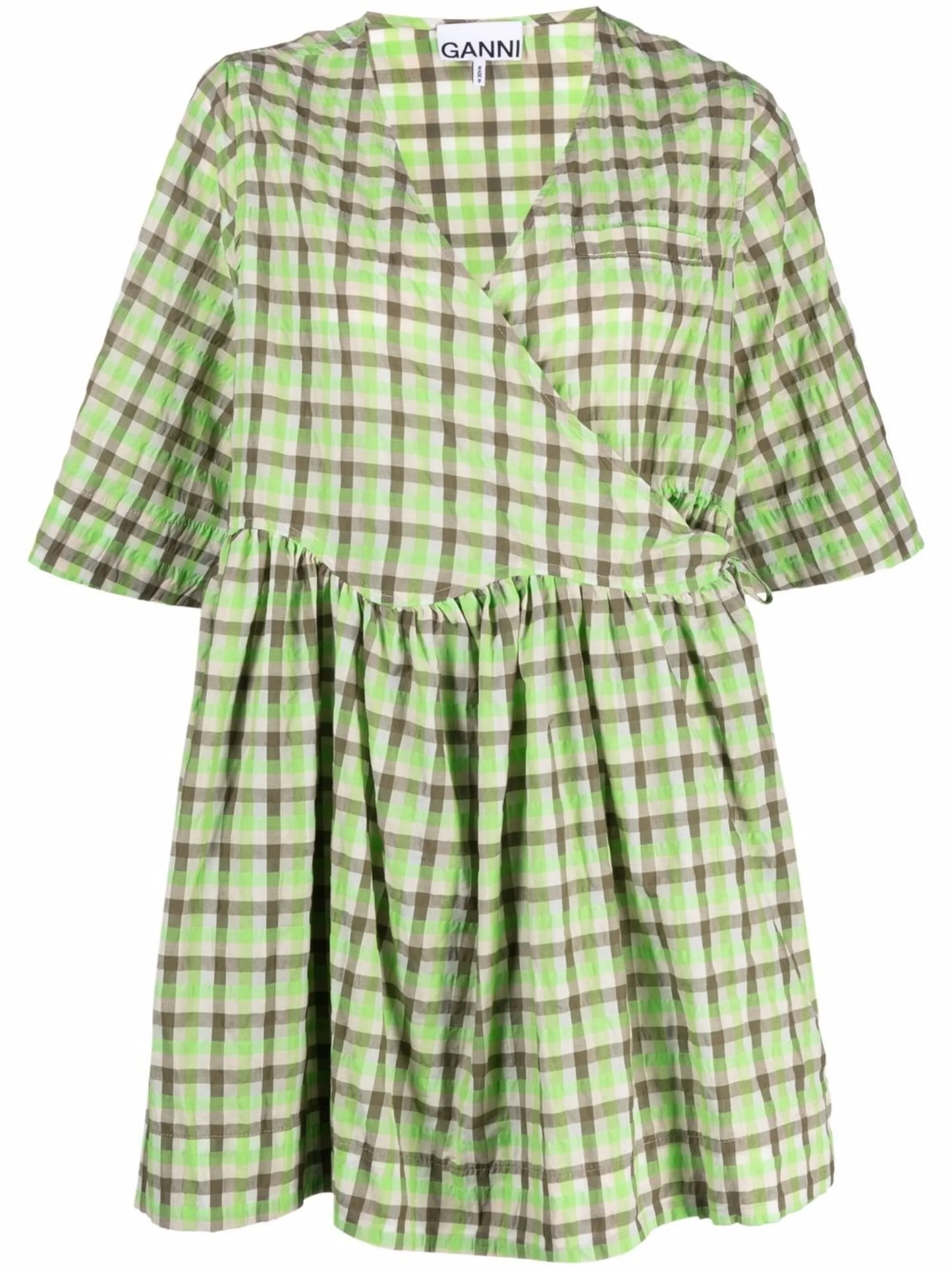 seersucker check-print short-sleeve wrap dress