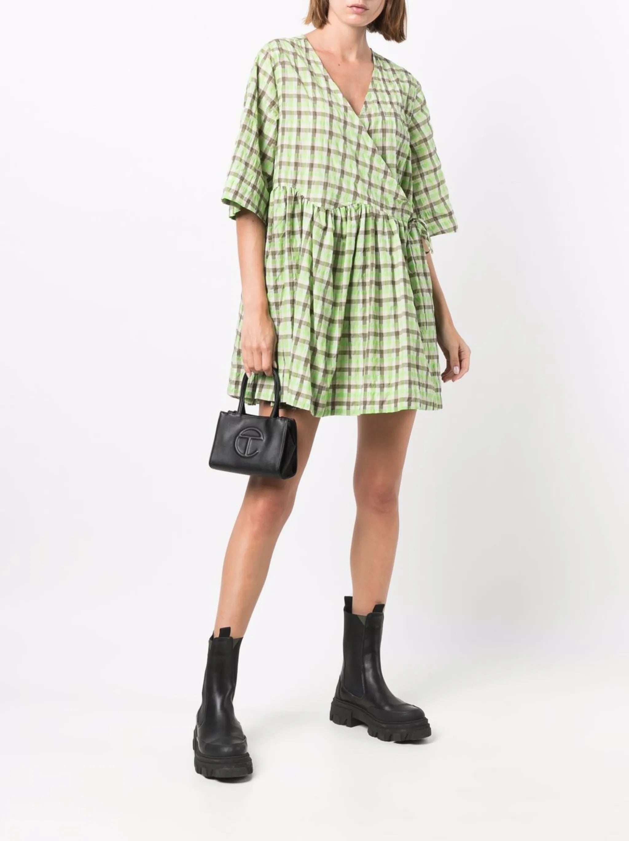 seersucker check-print short-sleeve wrap dress