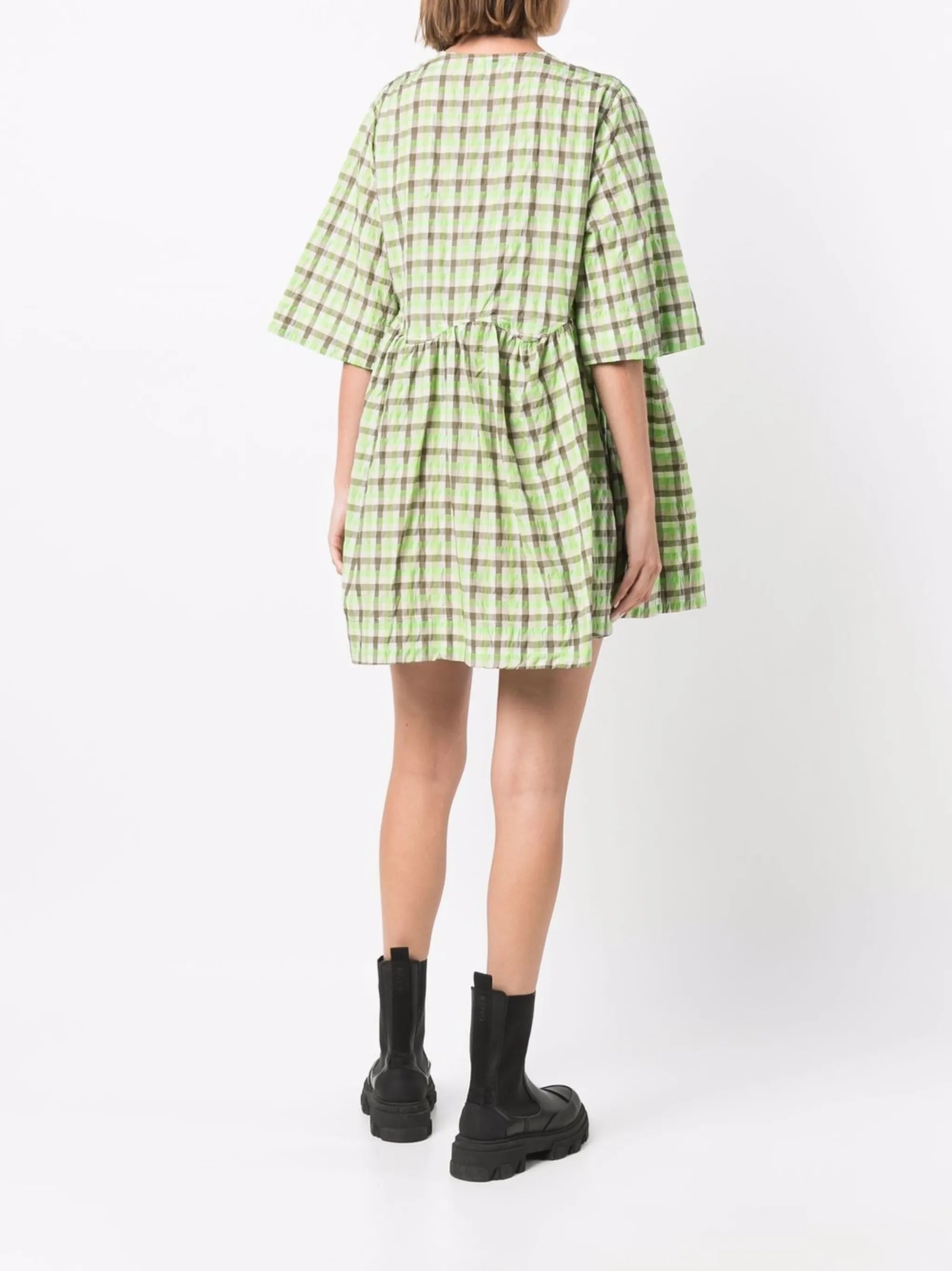 seersucker check-print short-sleeve wrap dress