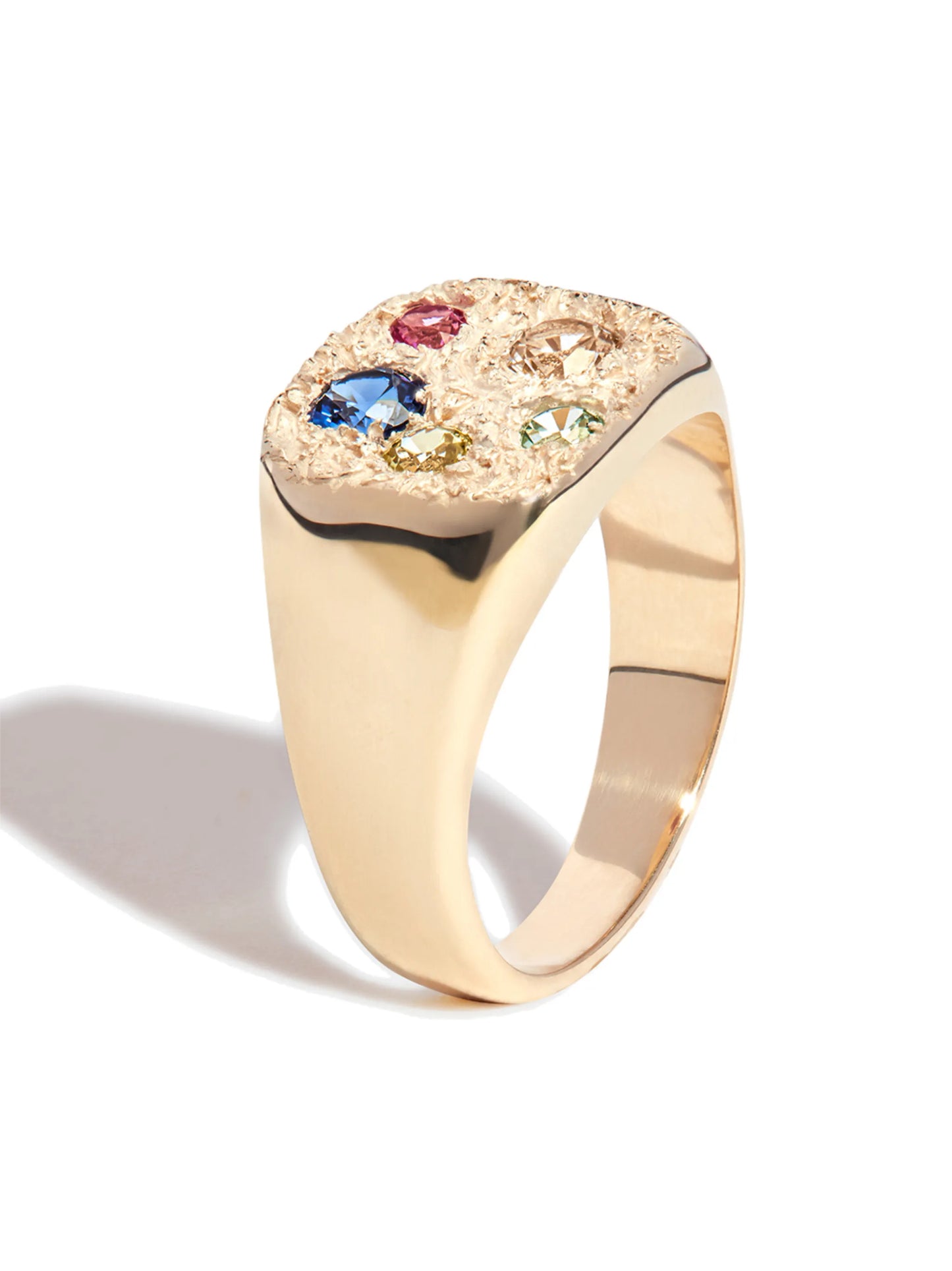 9kt yellow gold Hanging Basket sapphire signet ring