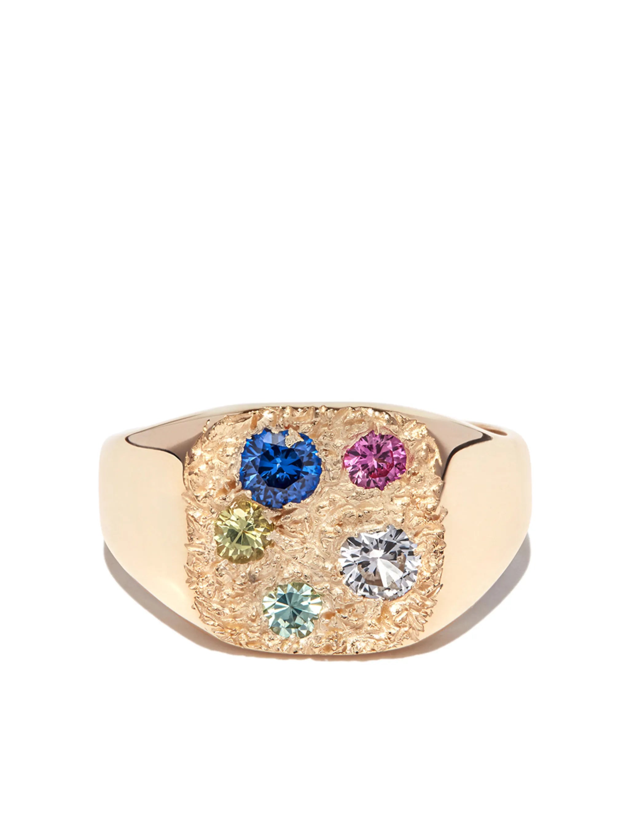 9kt yellow gold Hanging Basket sapphire signet ring