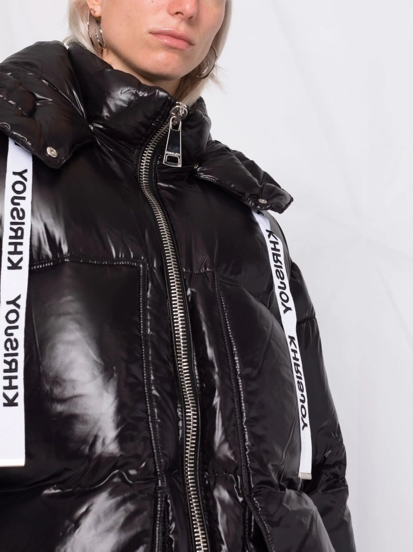 high-shine hooded puffer jacket