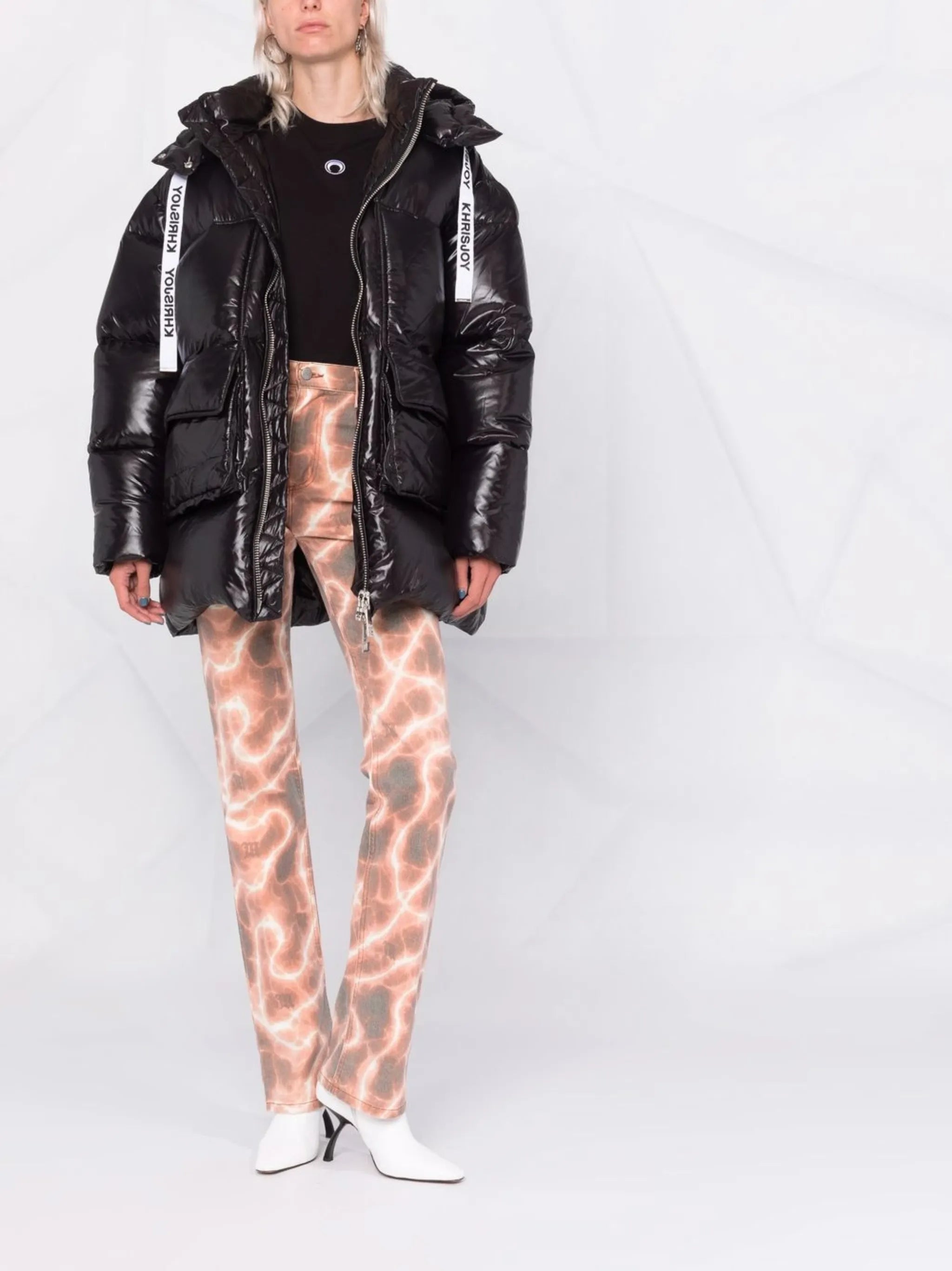 high-shine hooded puffer jacket