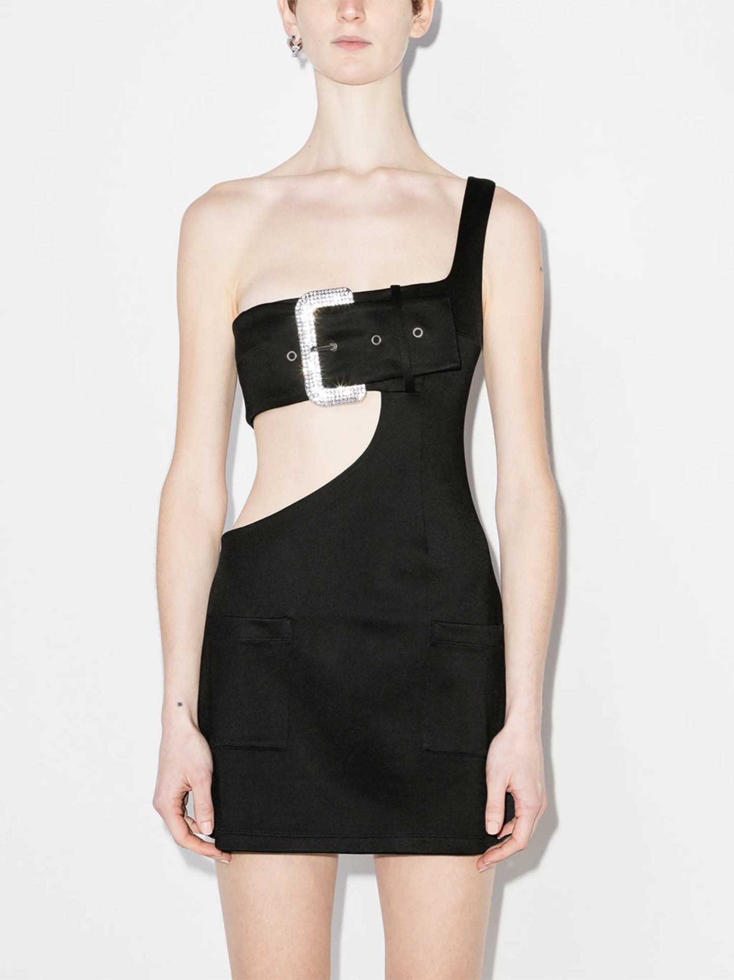 crystal-buckle cut-out mini dress