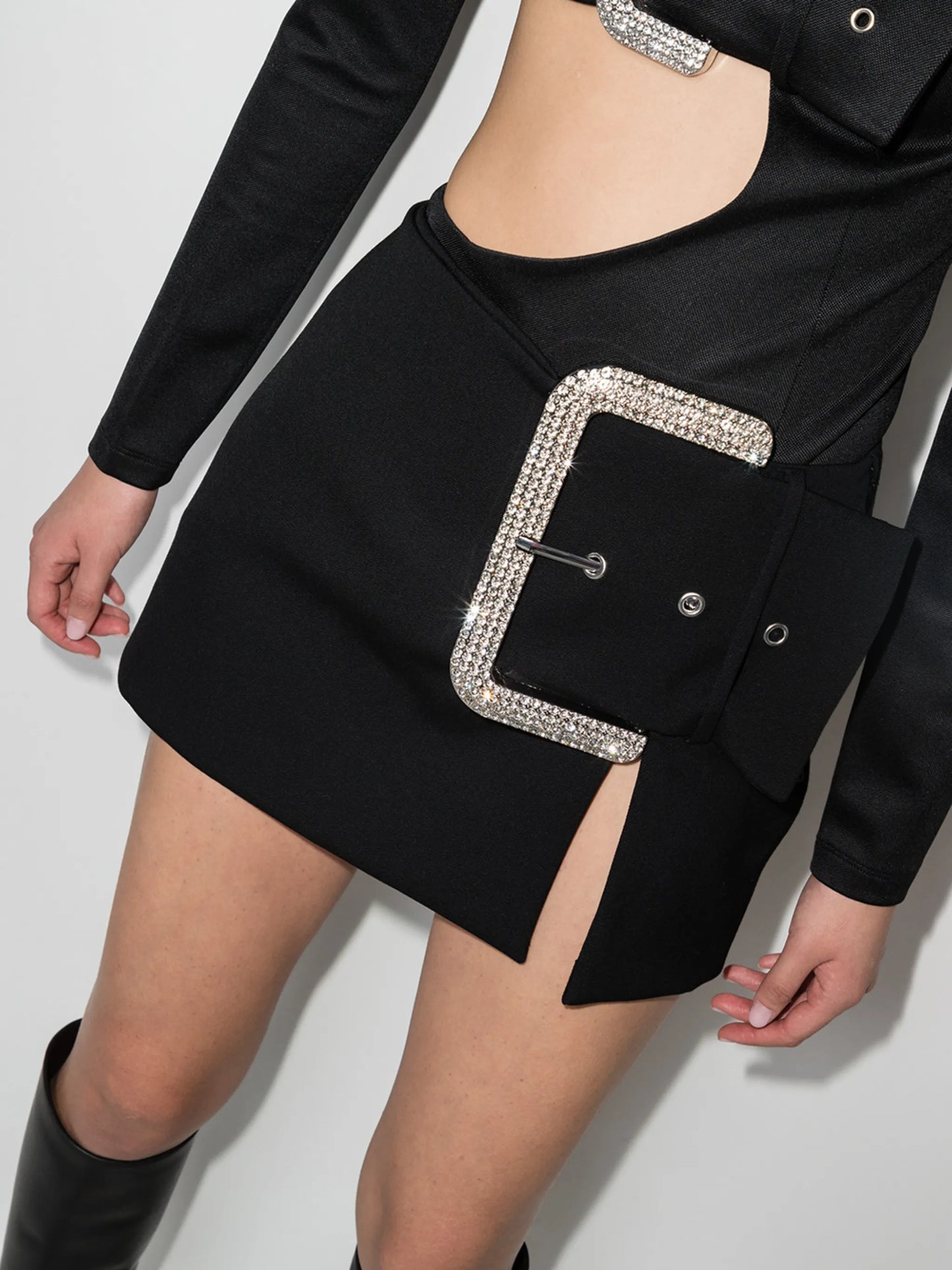crystal-buckle mini skirt