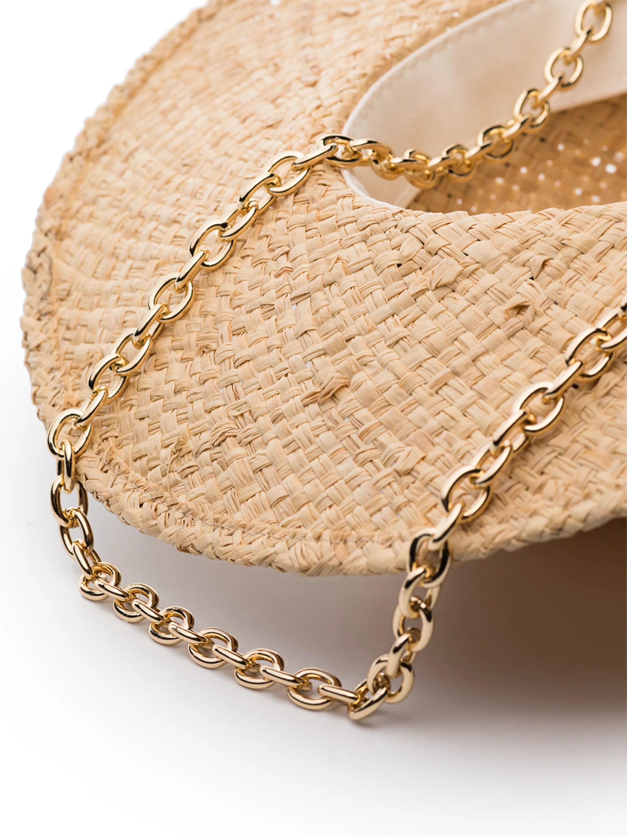 chain-embellished Fedora straw hat