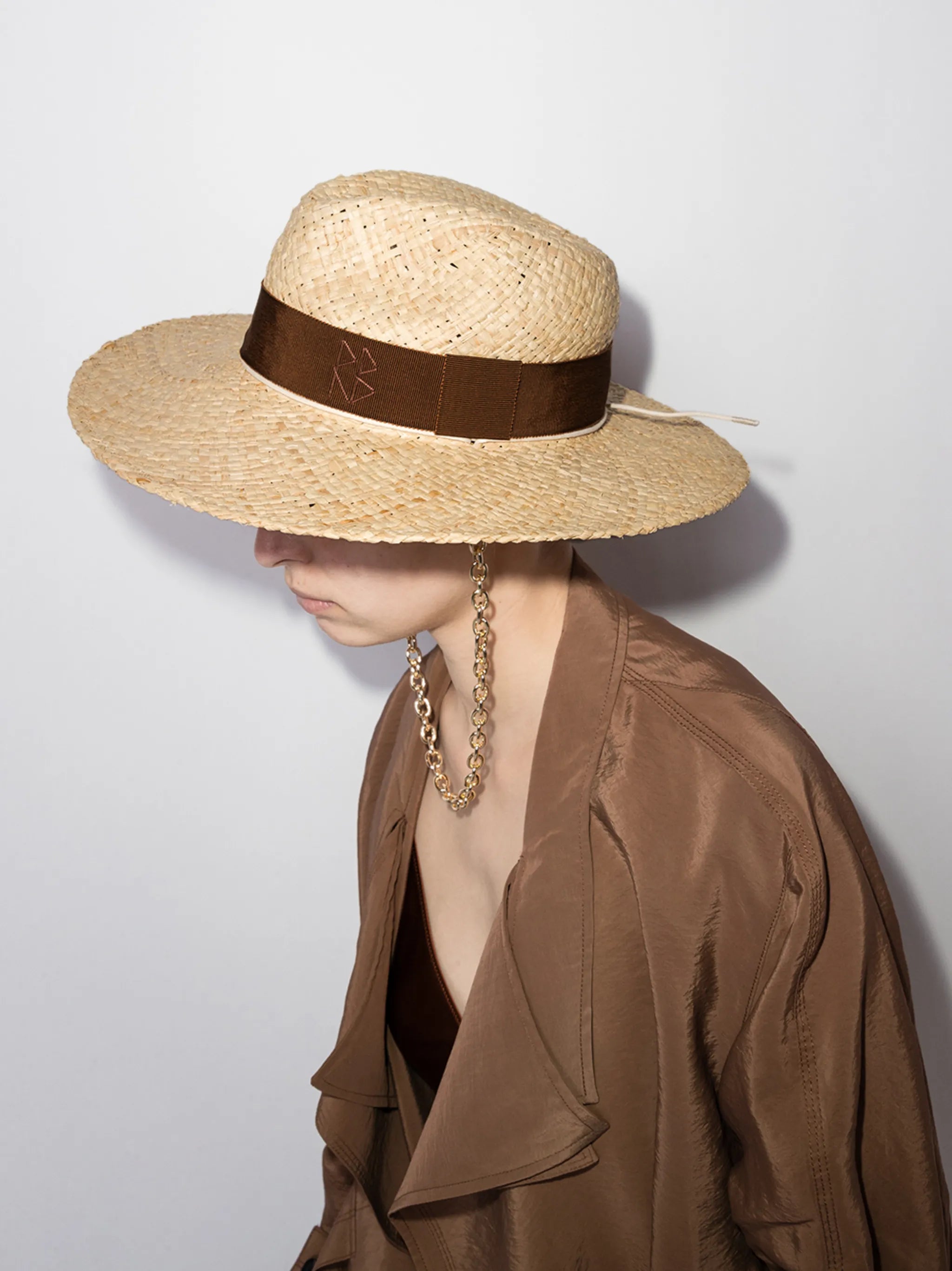 chain-embellished Fedora straw hat