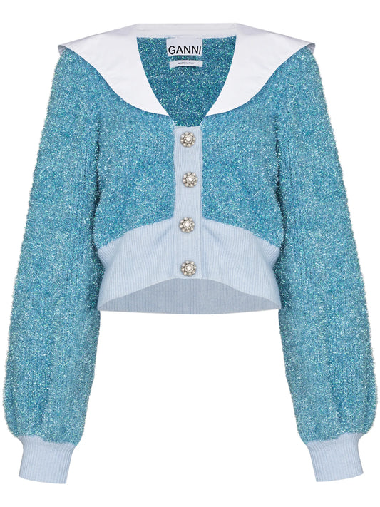 contrast-collar puff-sleeve cardigan