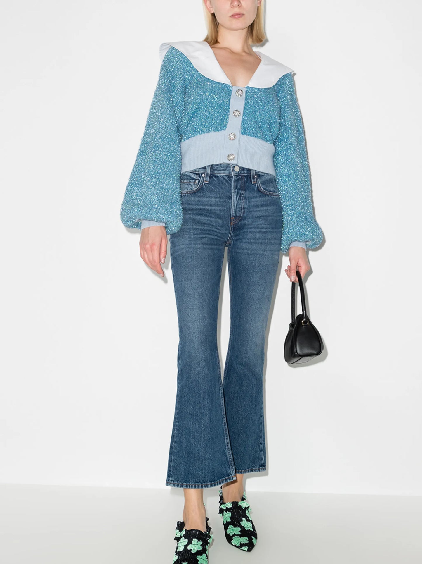 contrast-collar puff-sleeve cardigan