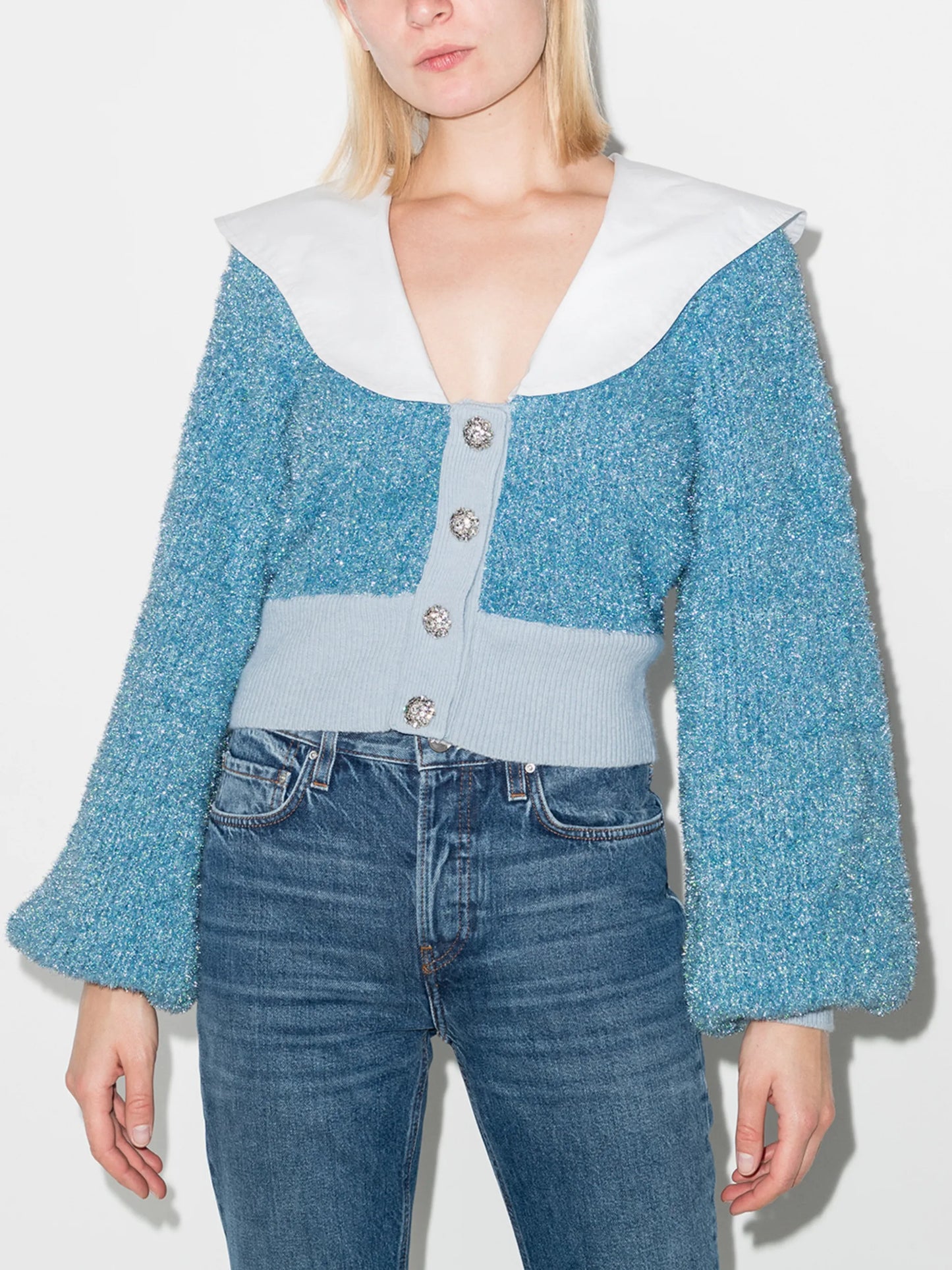 contrast-collar puff-sleeve cardigan