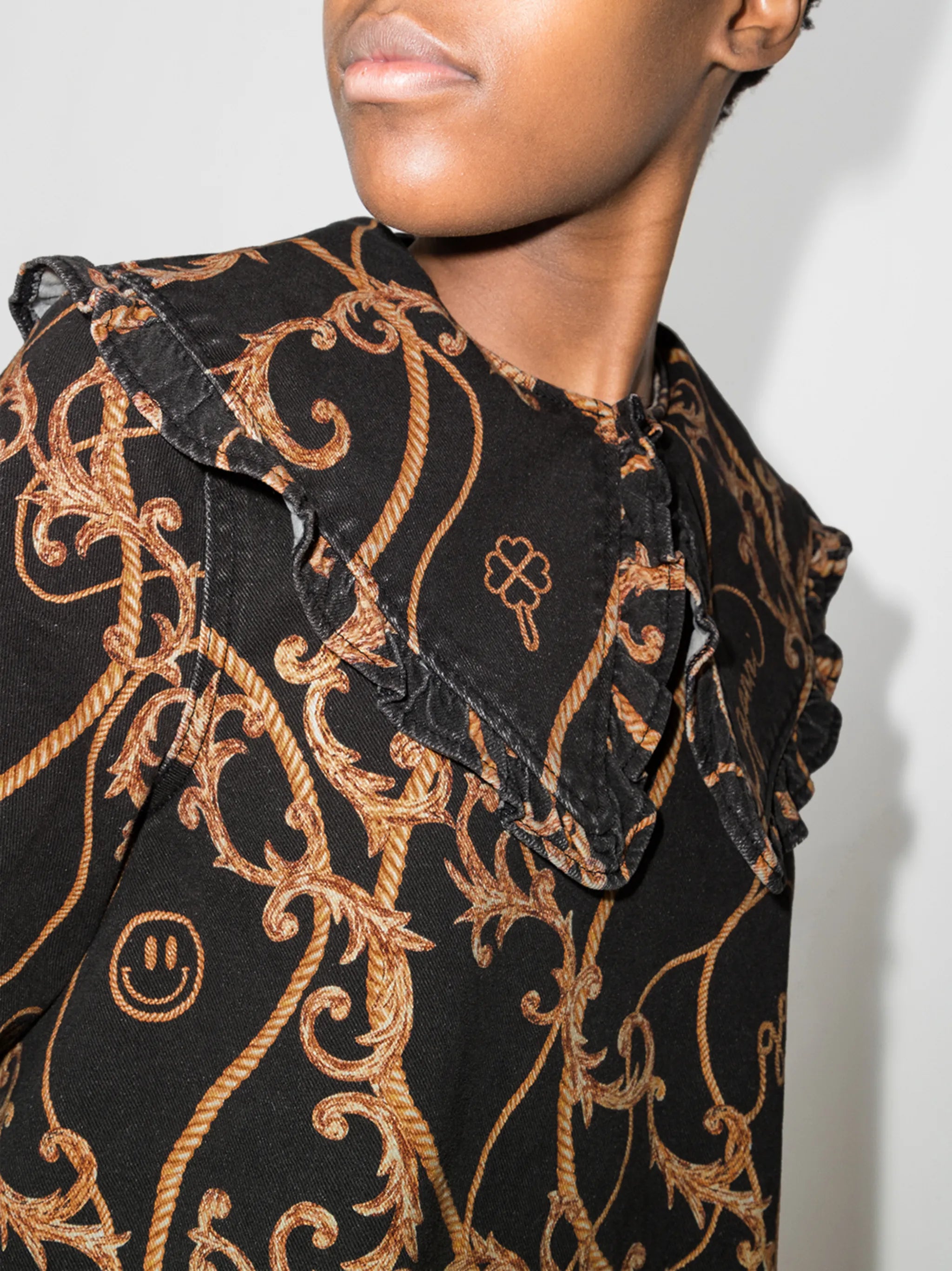 baroque print denim mini dress