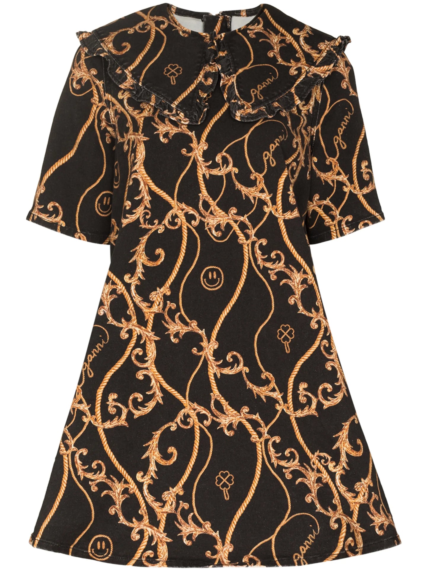 baroque print denim mini dress