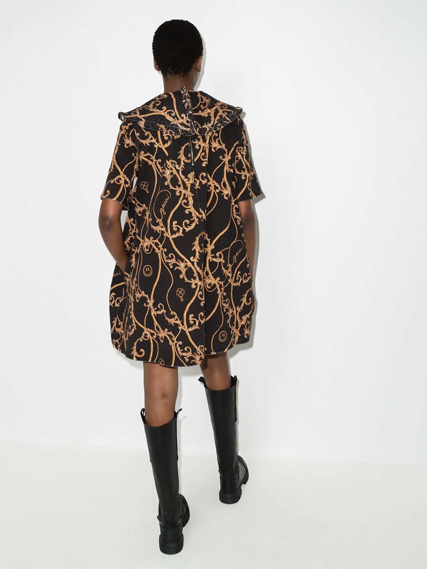 baroque print denim mini dress