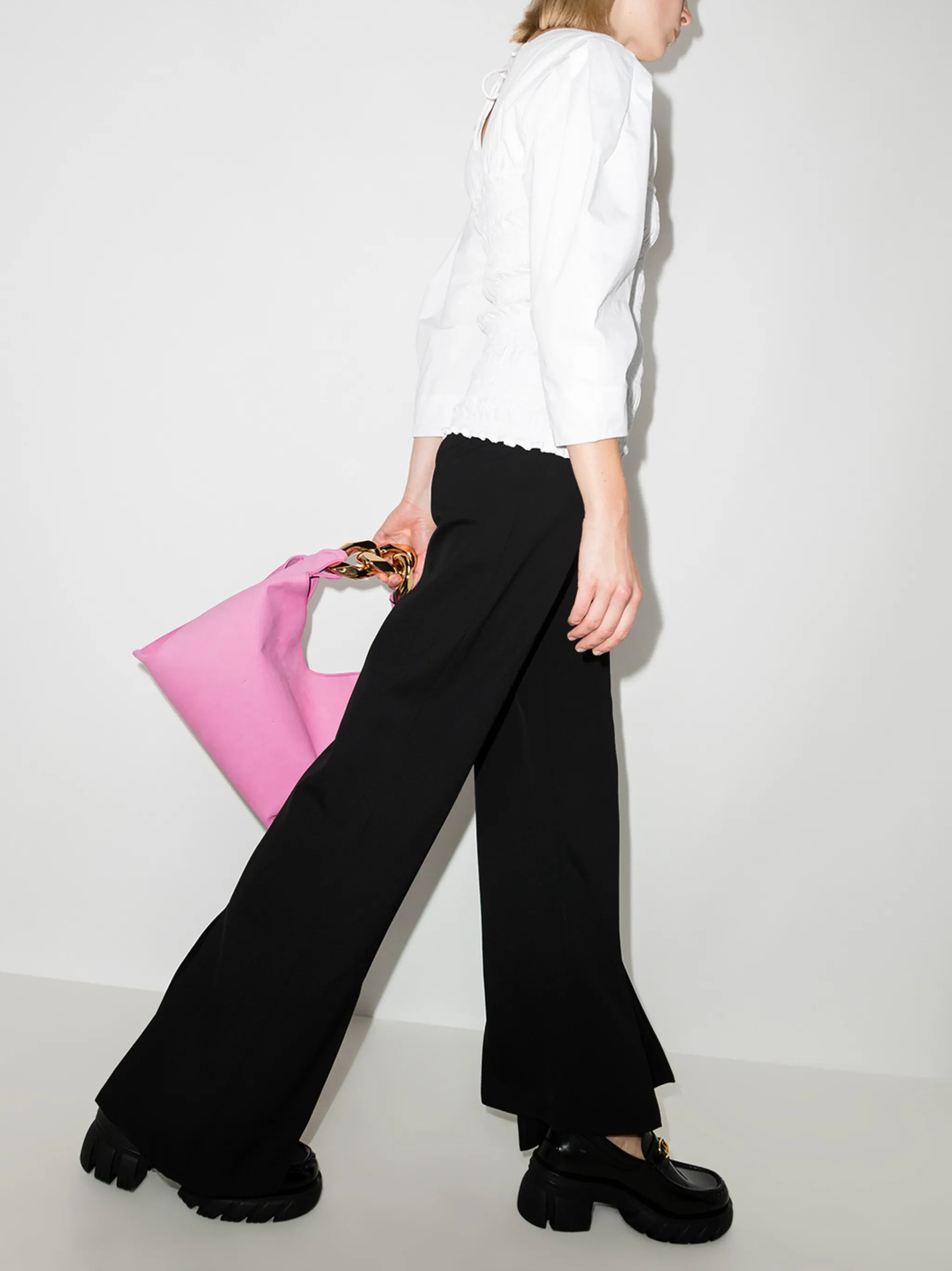 asymmetric hem high-waisted trousers