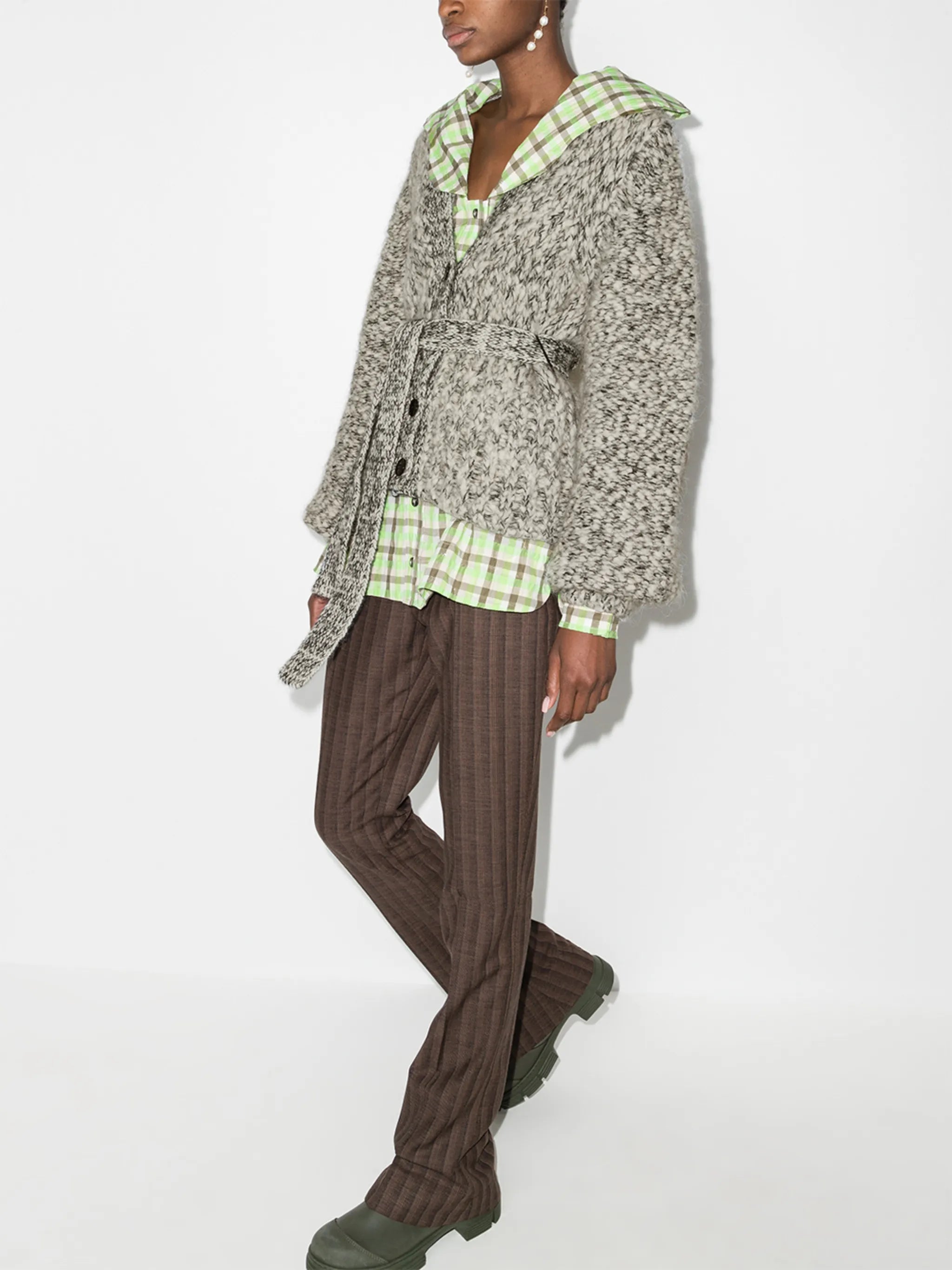 melange-knit belted cardigan