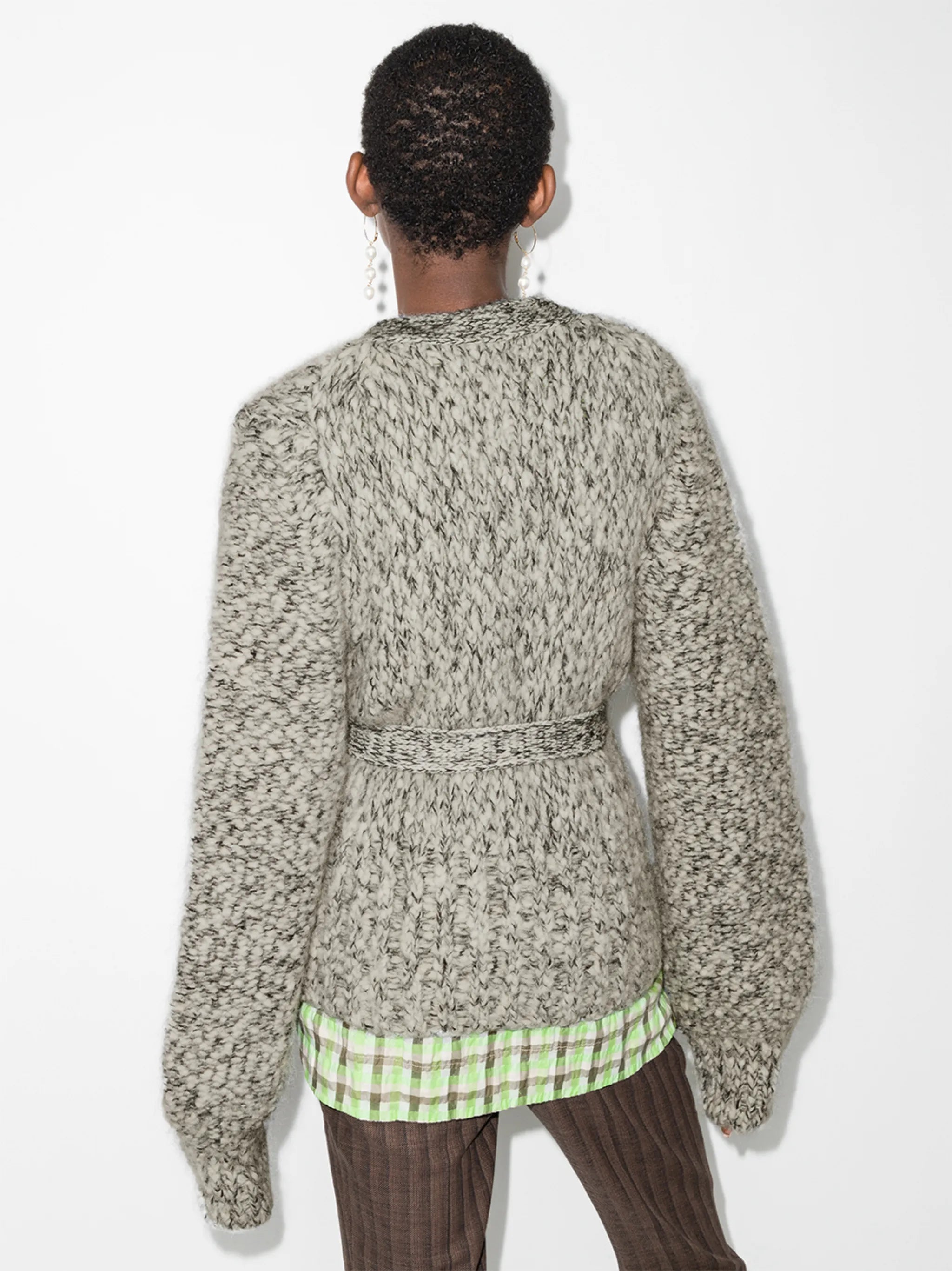 melange-knit belted cardigan