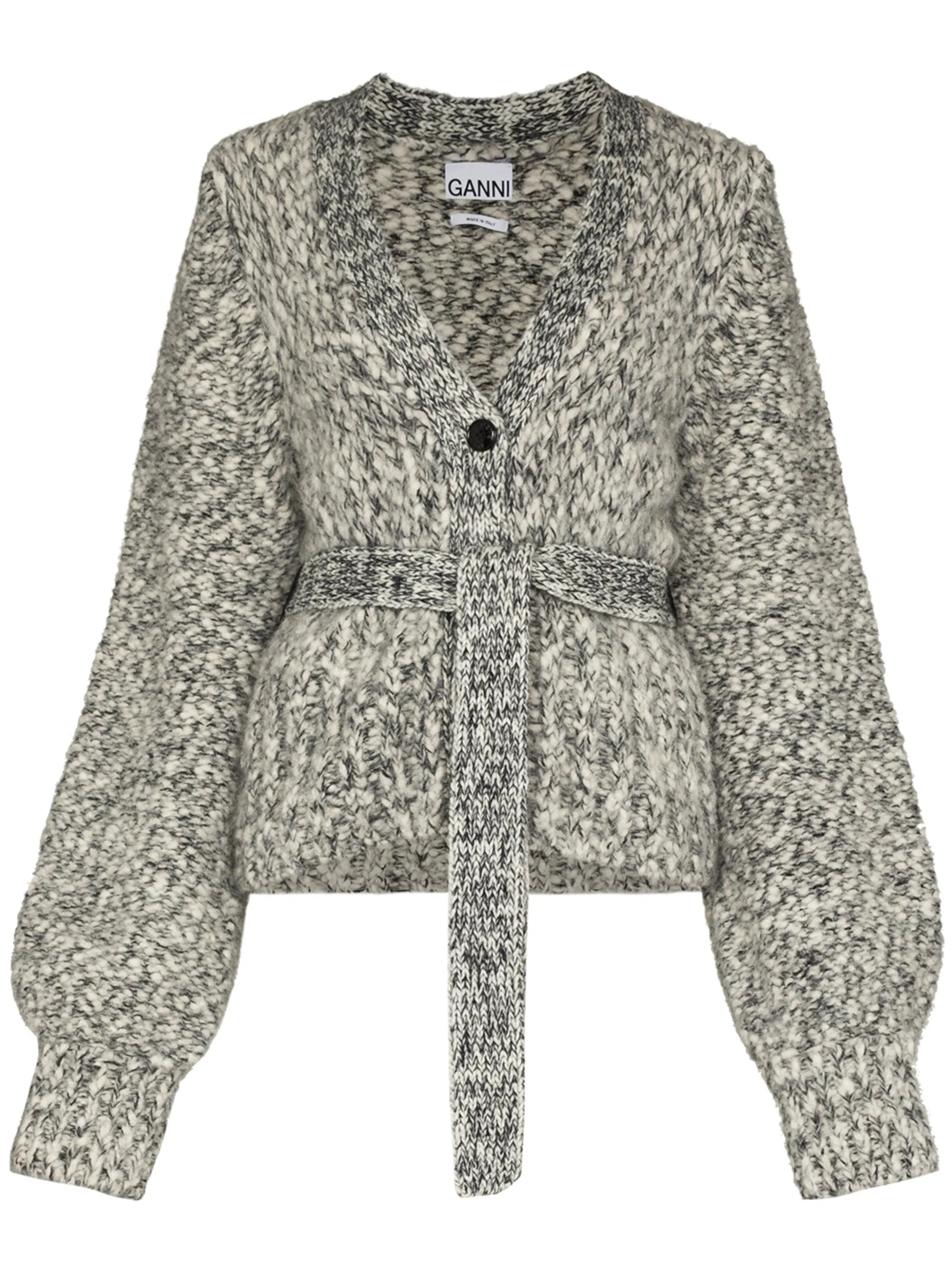 melange-knit belted cardigan
