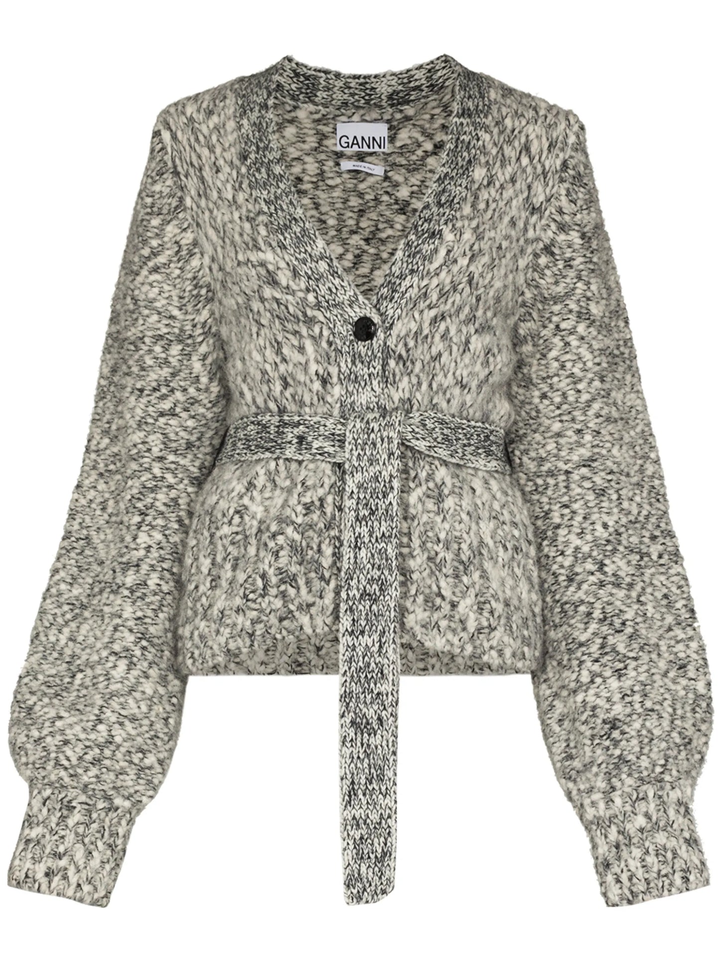 melange-knit belted cardigan