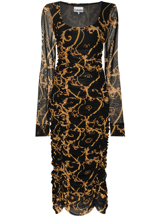 baroque-print midi dress