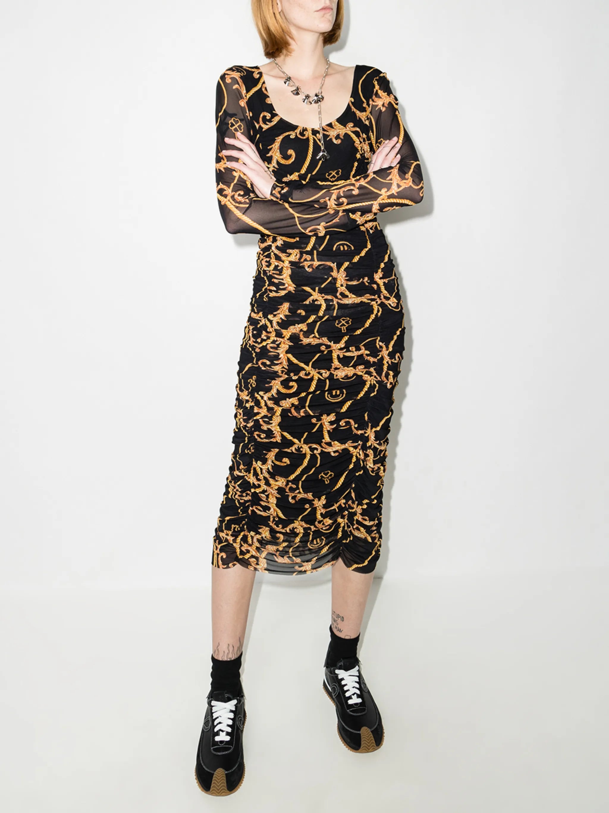 baroque-print midi dress