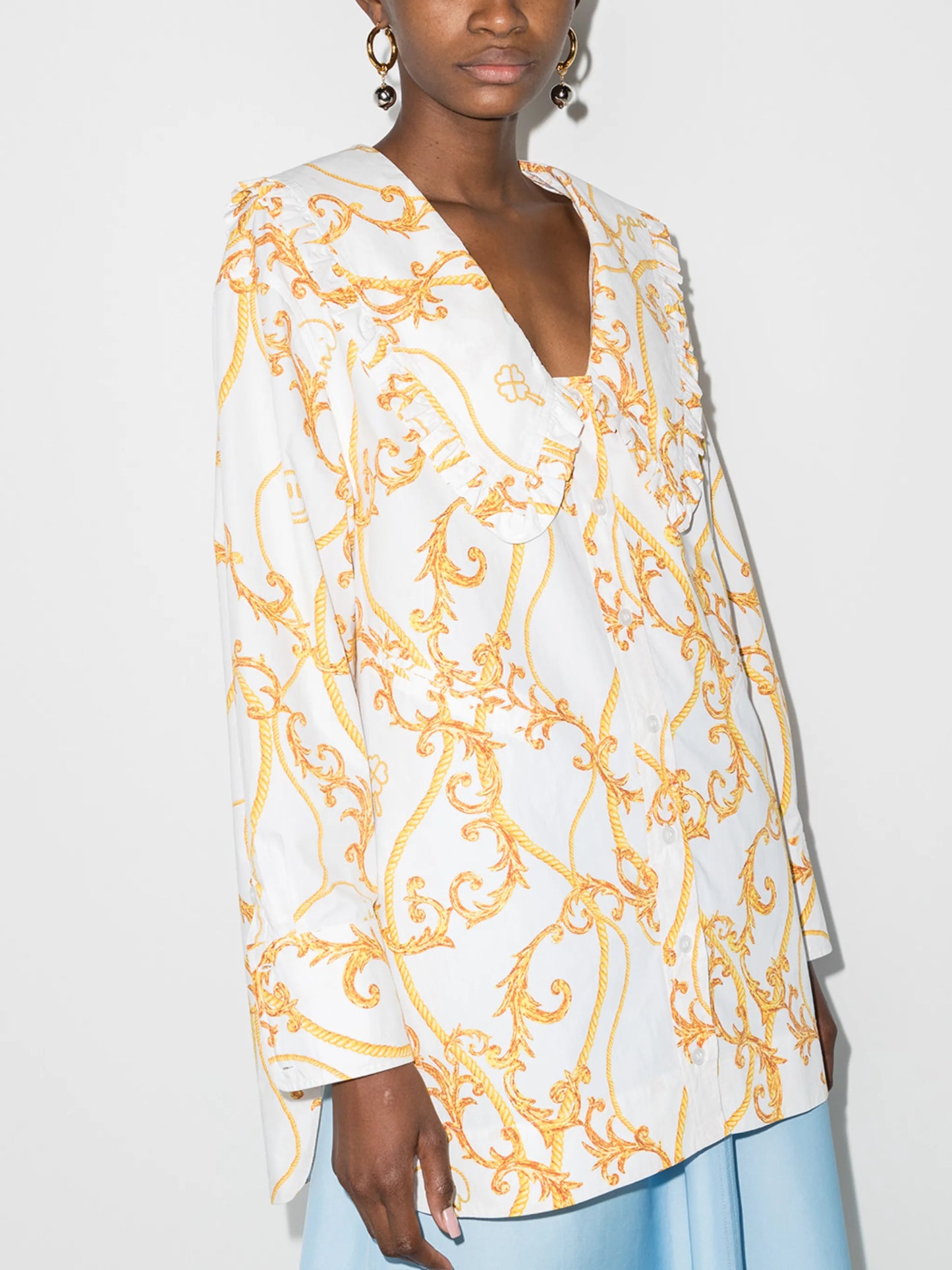 baroque print oversized collar blouse
