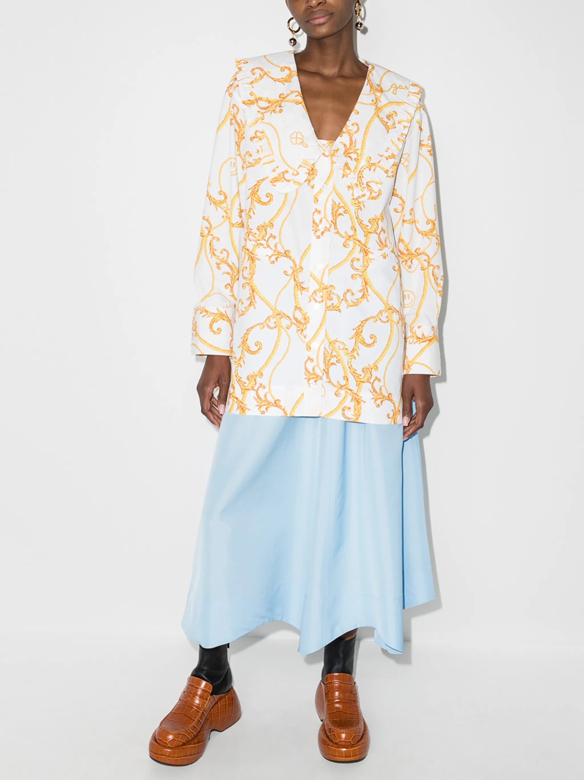 baroque print oversized collar blouse