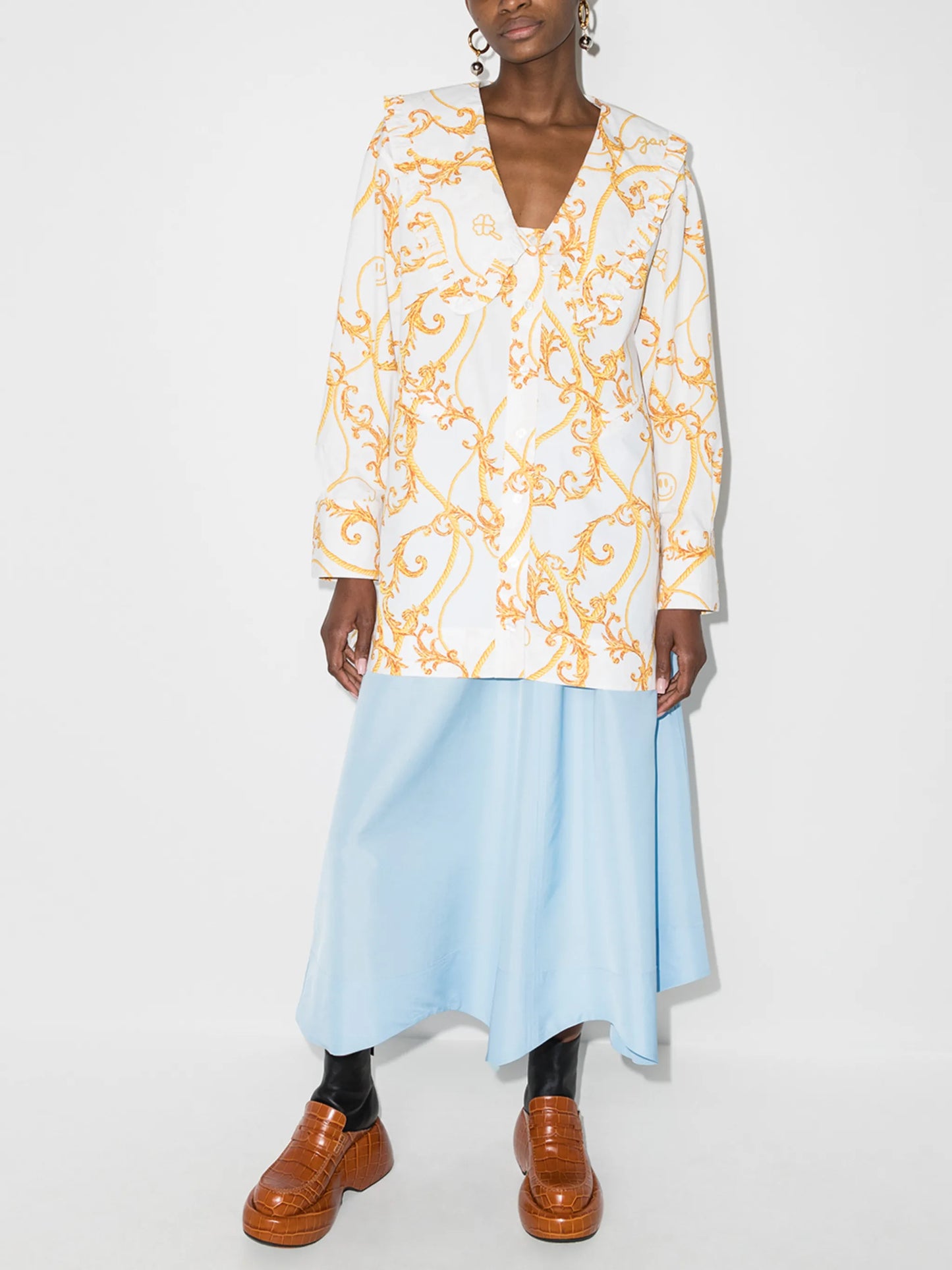 baroque print oversized collar blouse