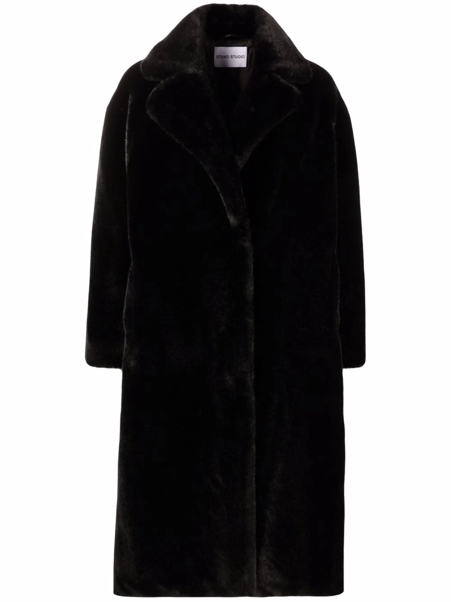 notched-lapels midi faux-fur coat