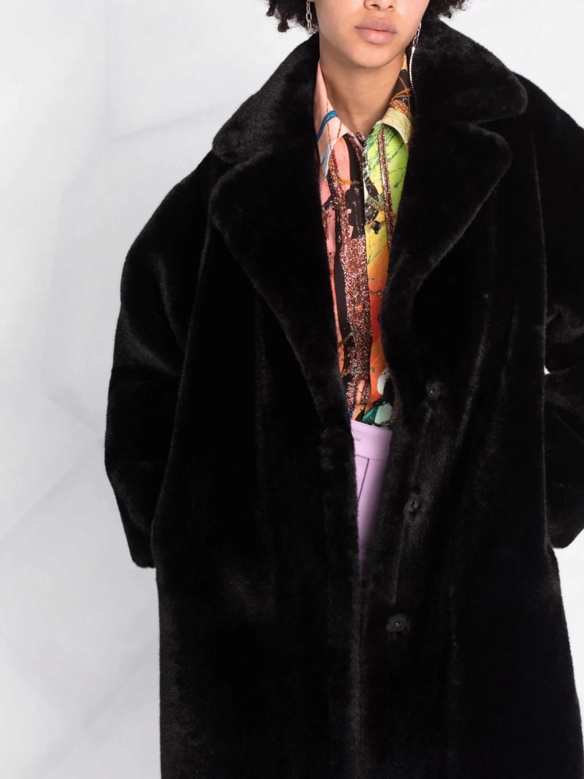 notched-lapels midi faux-fur coat