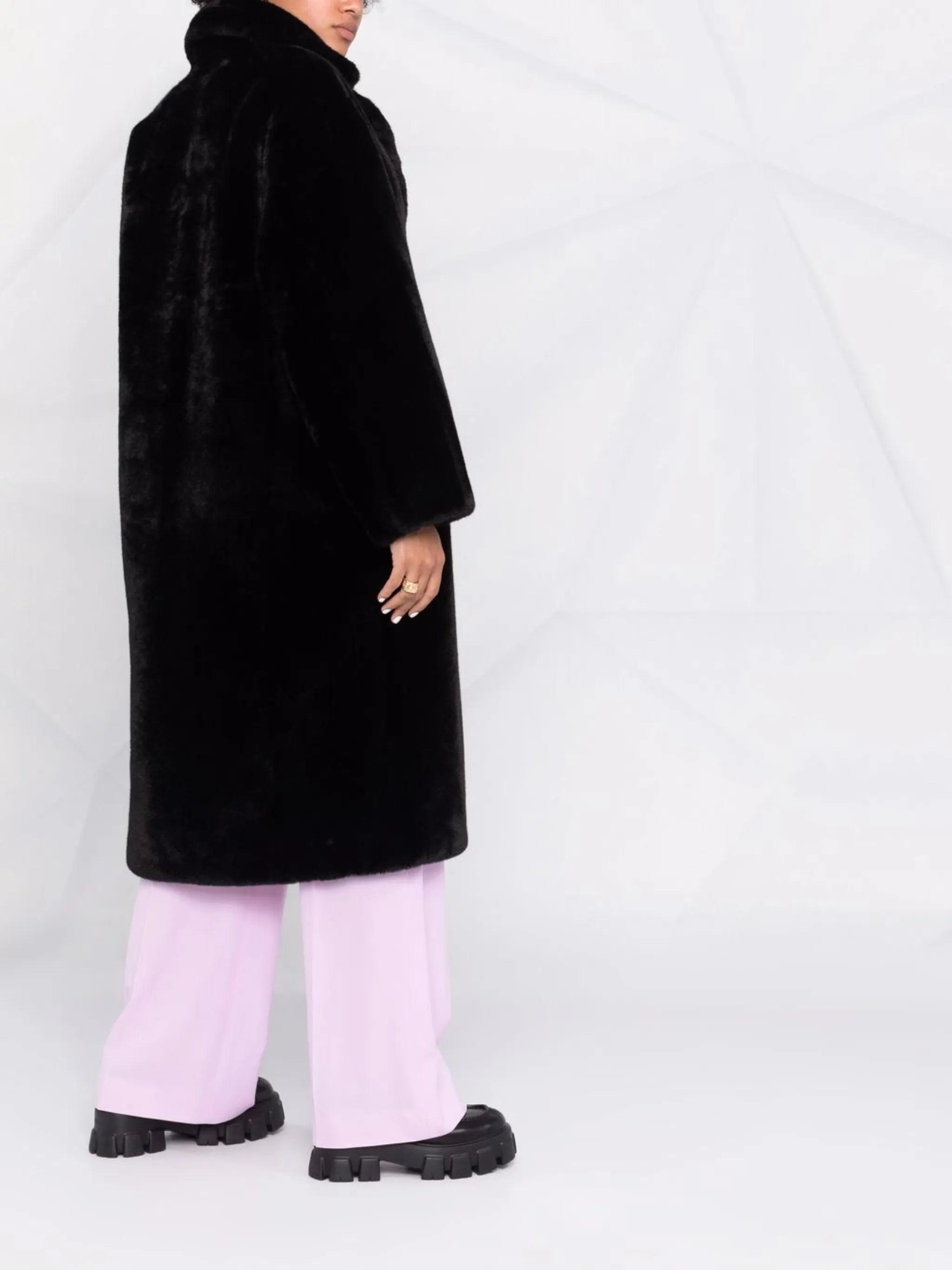 notched-lapels midi faux-fur coat
