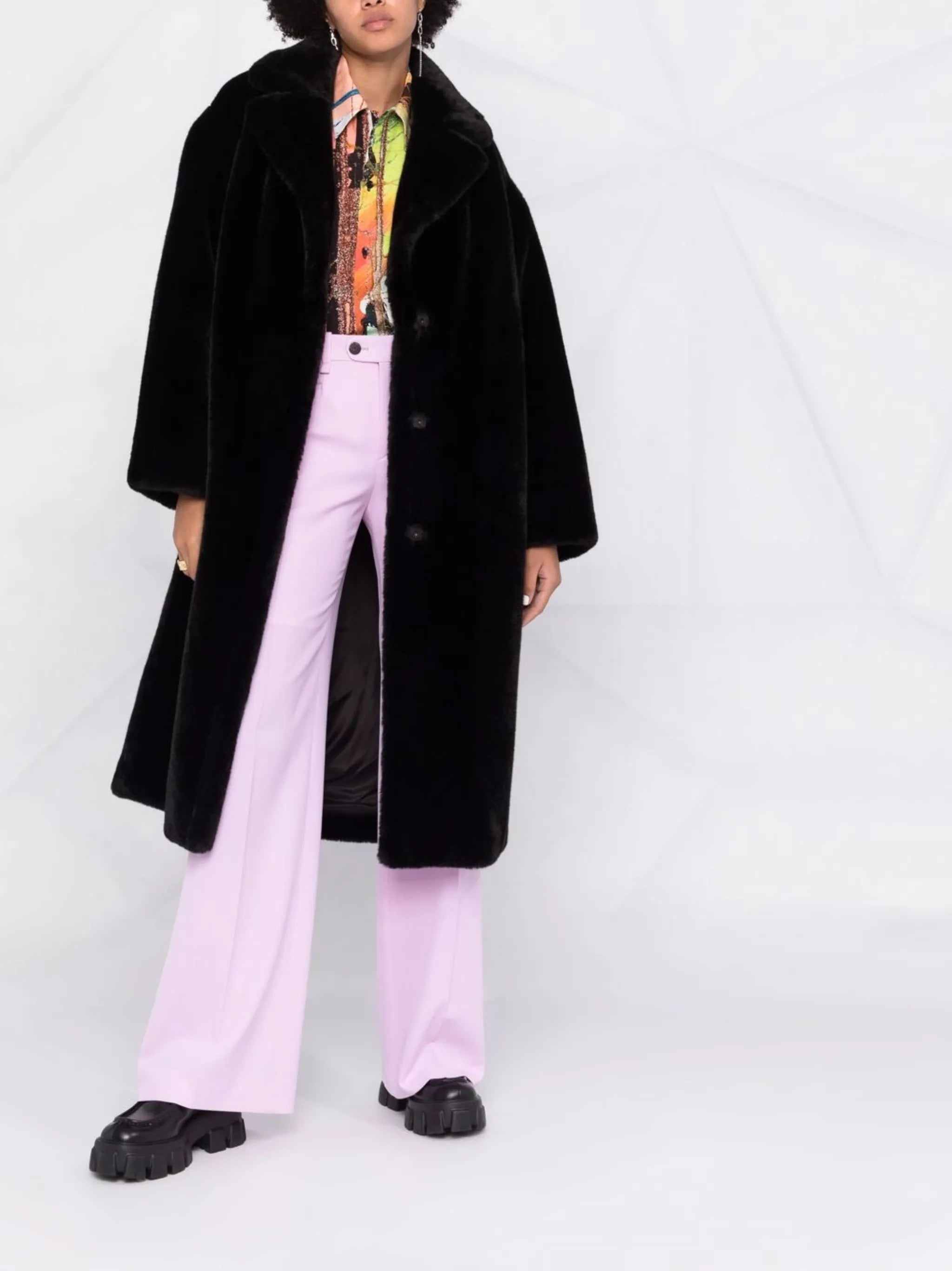 notched-lapels midi faux-fur coat