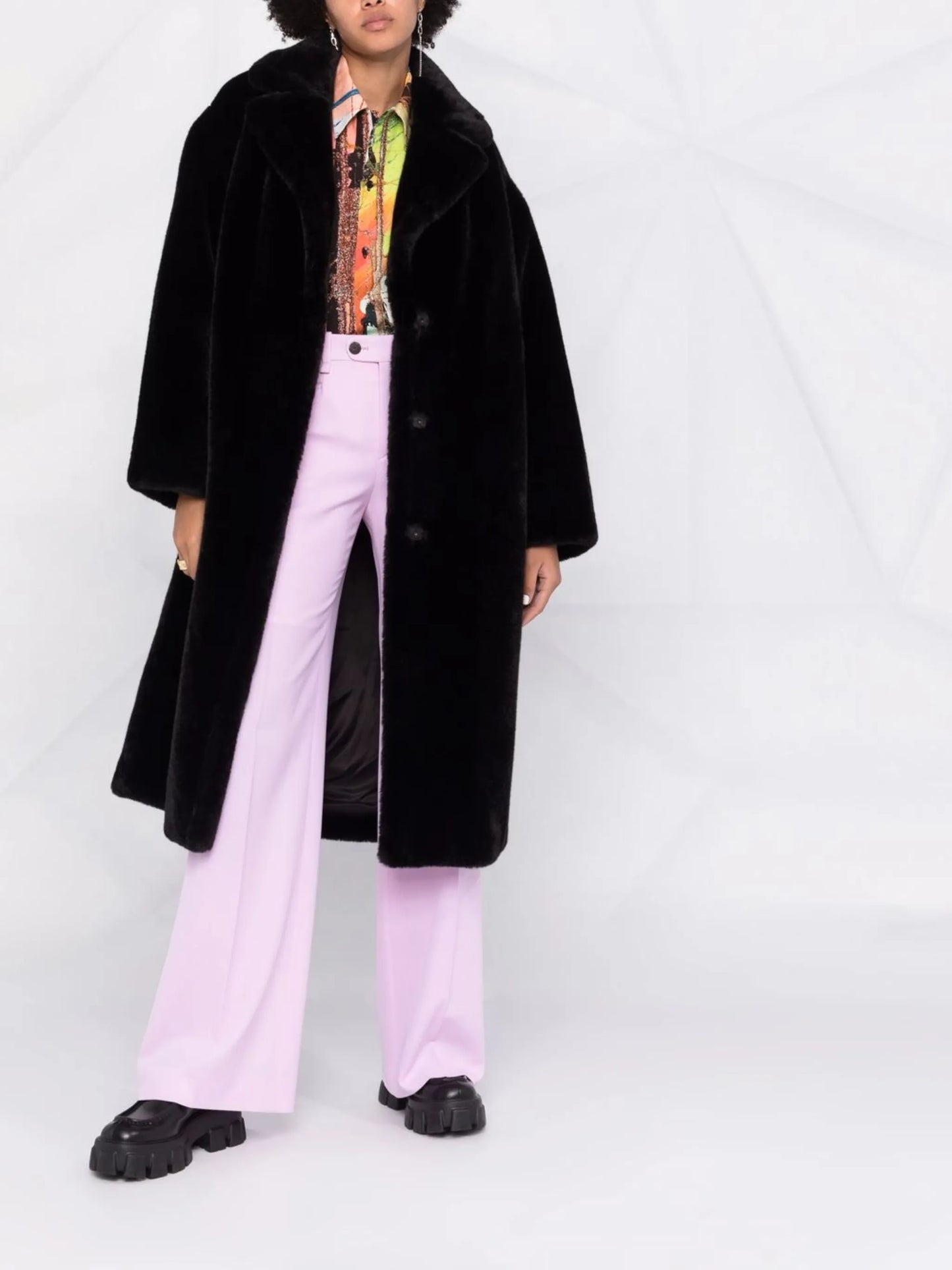 notched-lapels midi faux-fur coat