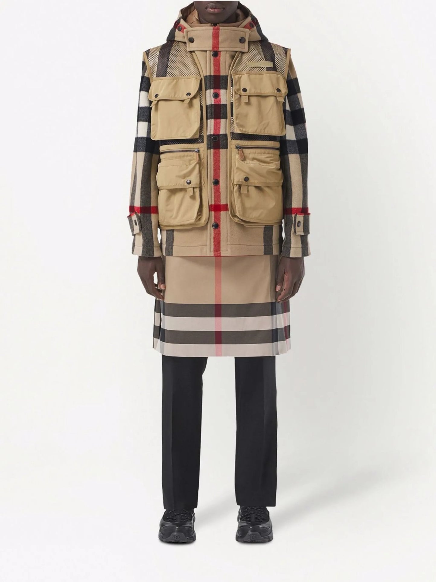 detachable-gilet check hooded jacket