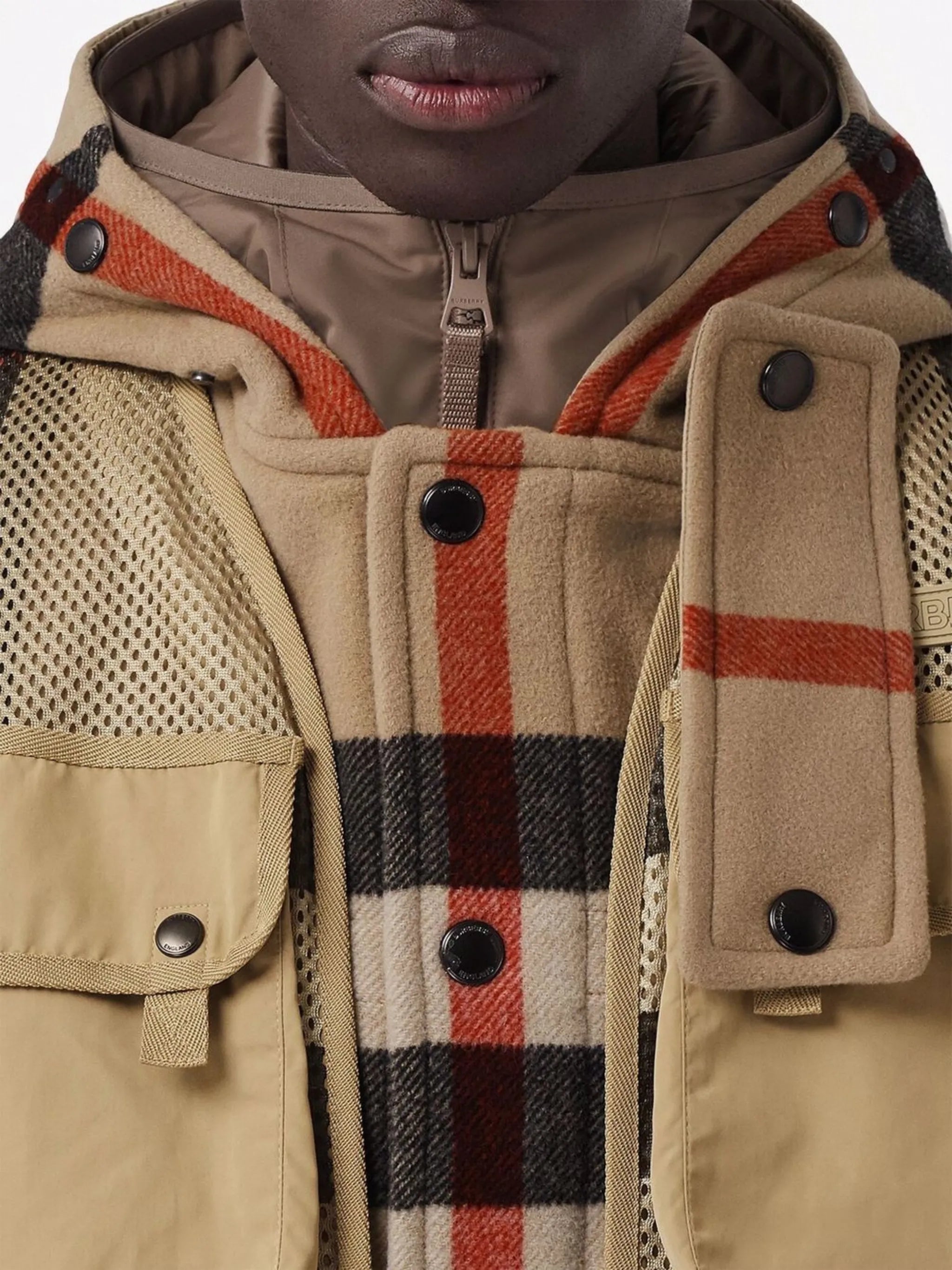 detachable-gilet check hooded jacket