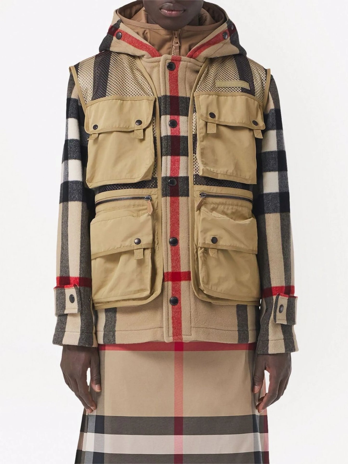detachable-gilet check hooded jacket